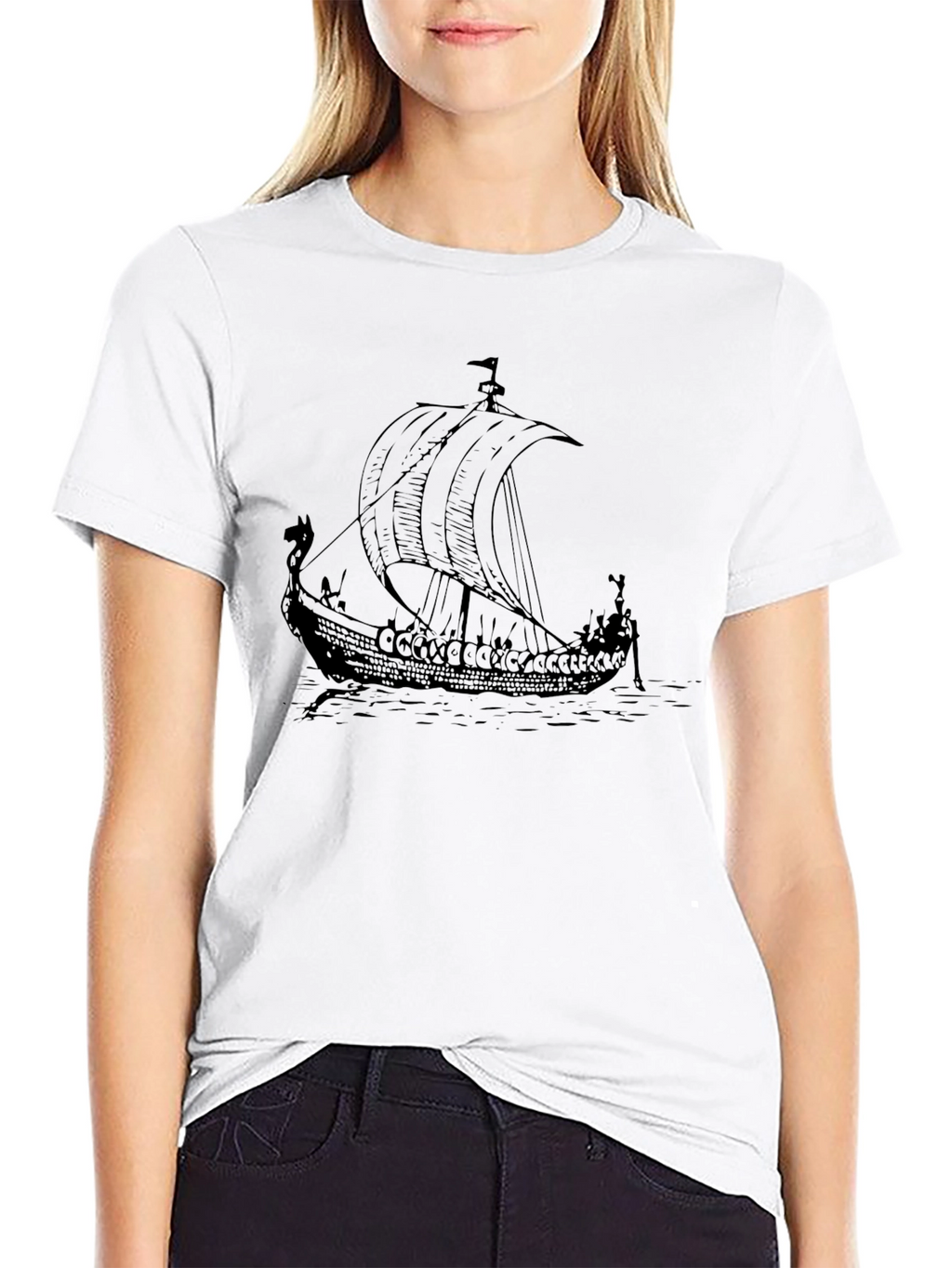 Viking Ship Graphic Tee - Black Cotton T-Shirt