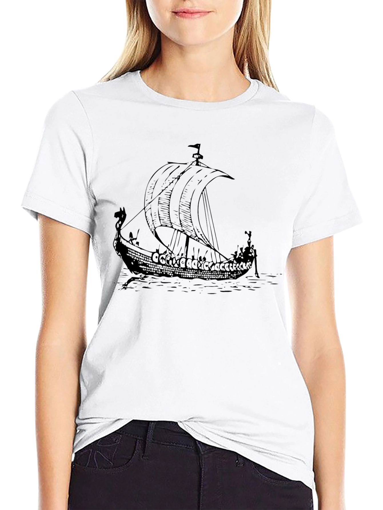 Viking Ship Graphic Tee - Black Cotton T-Shirt