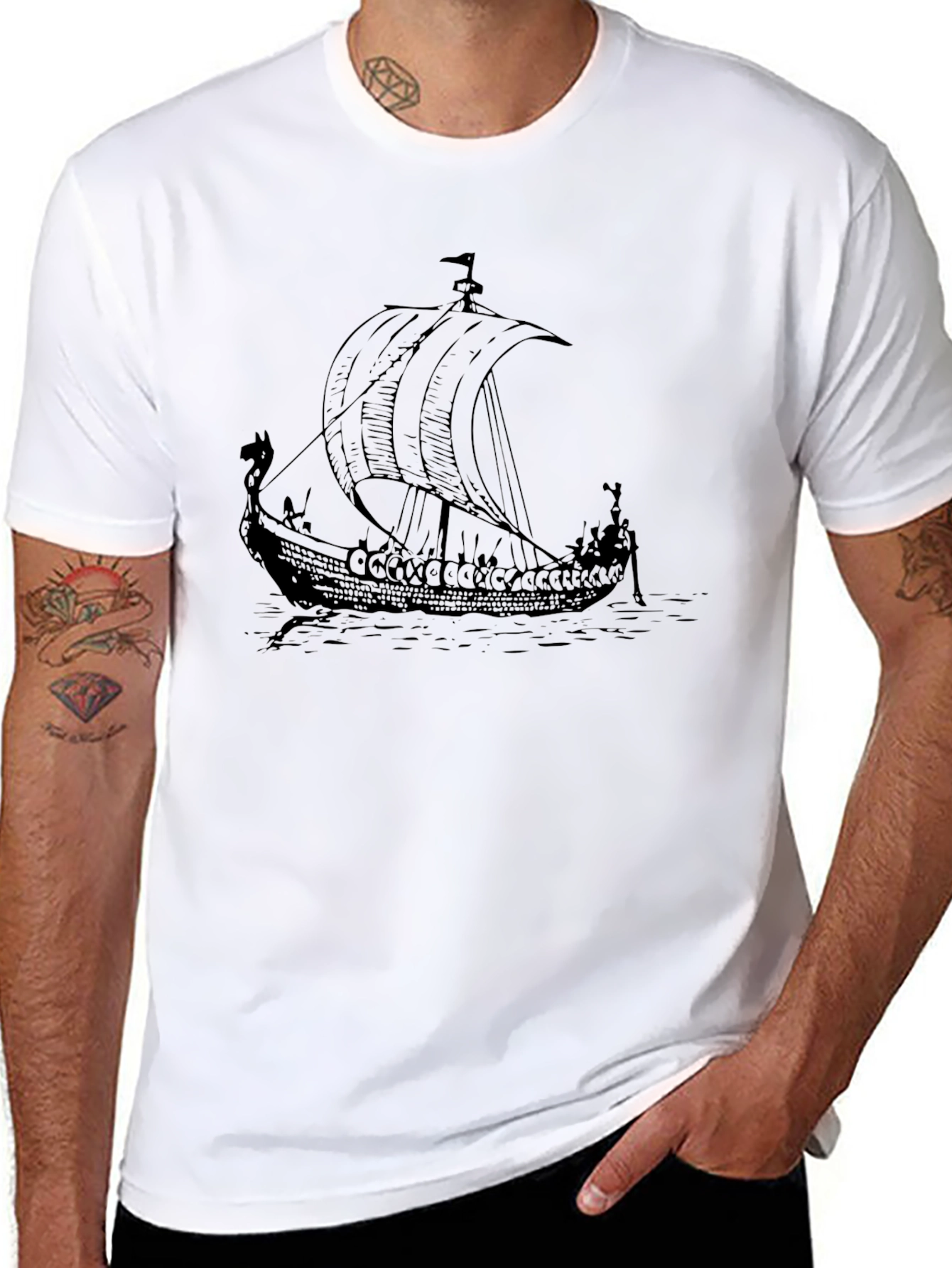 Viking Ship Graphic Tee - Black Cotton T-Shirt