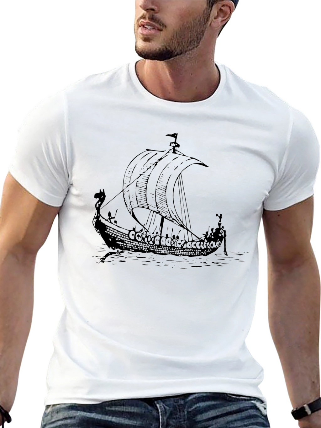 Viking Ship Graphic Tee - Black Cotton T-Shirt