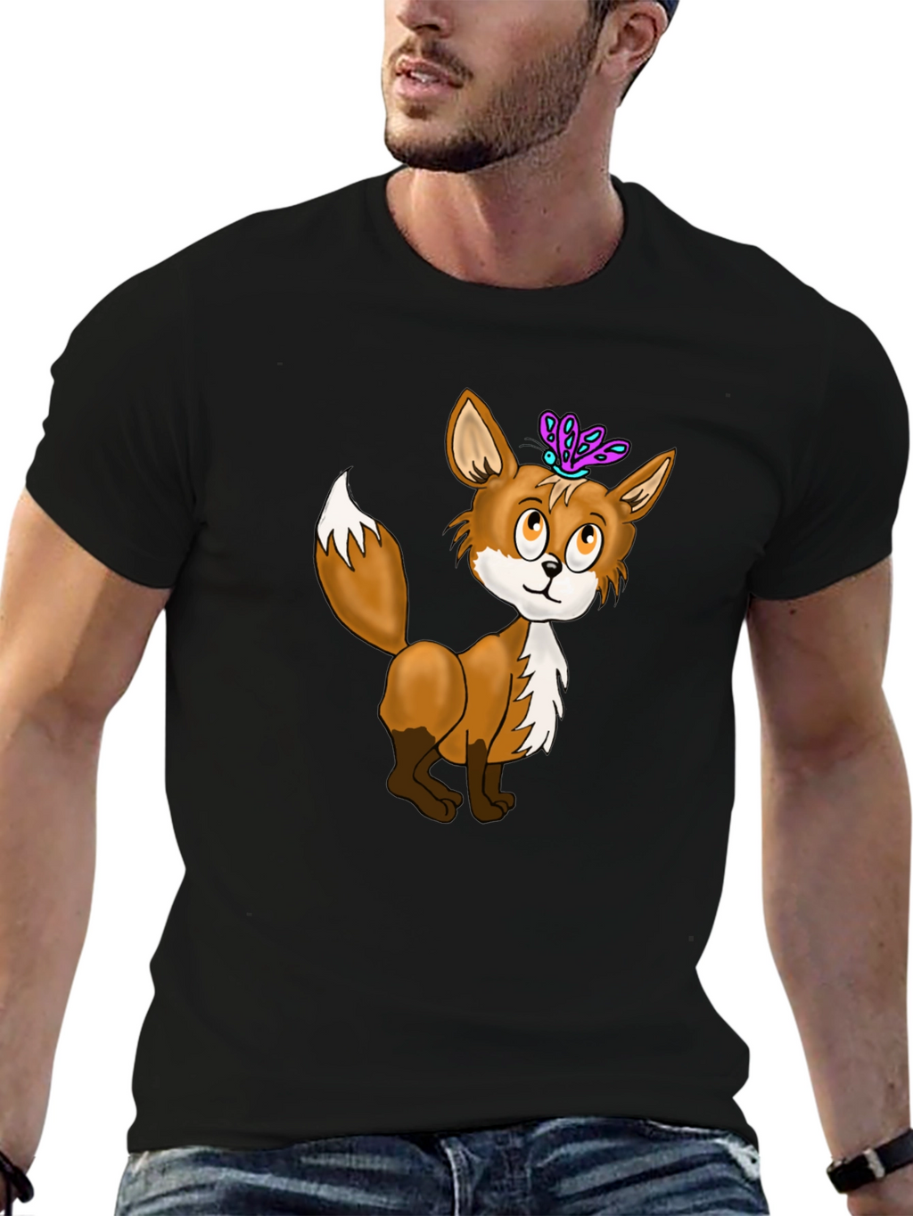 Fox & Butterfly Graphic Tee - Black Cotton T-Shirt