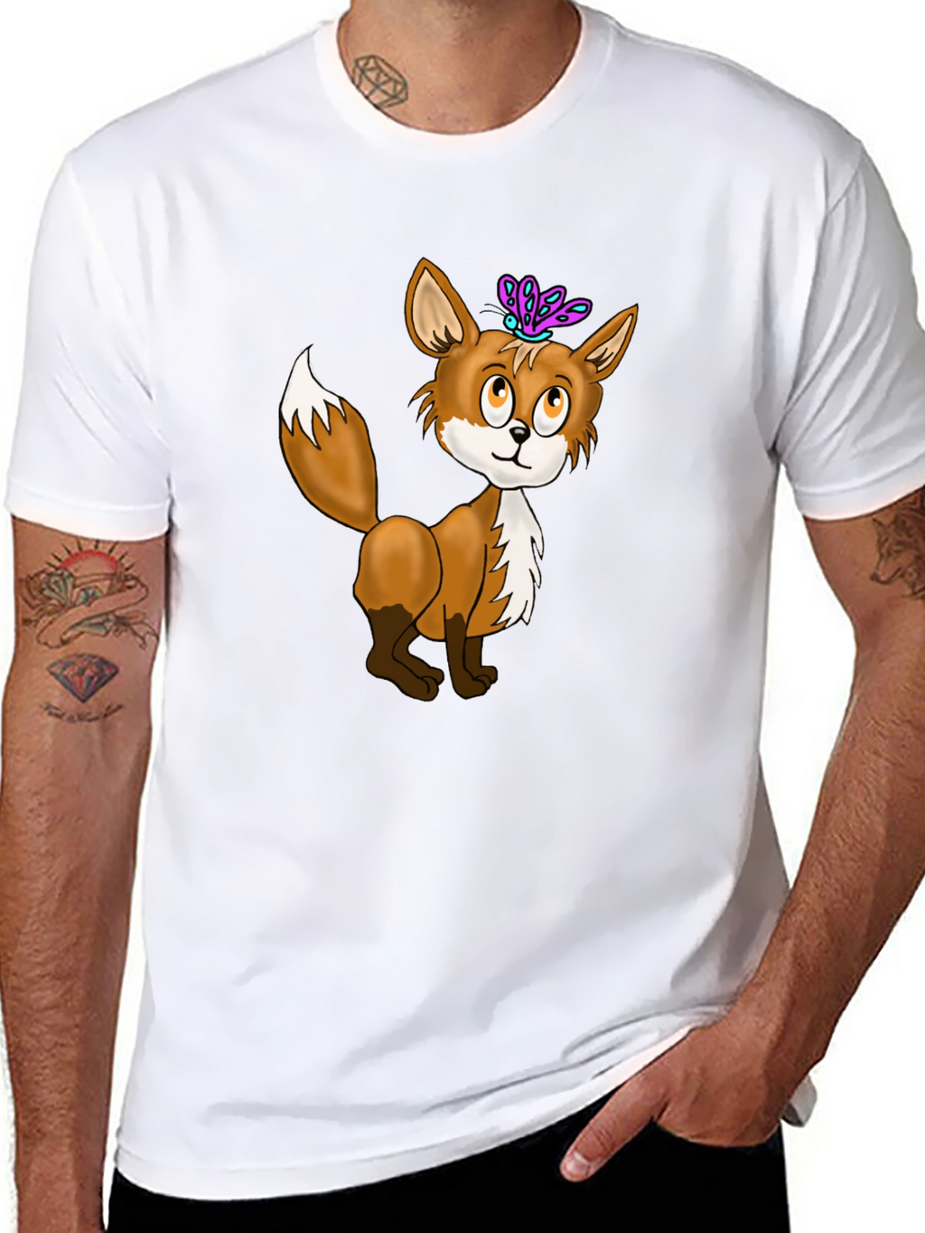 Fox & Butterfly Graphic Tee - Black Cotton T-Shirt