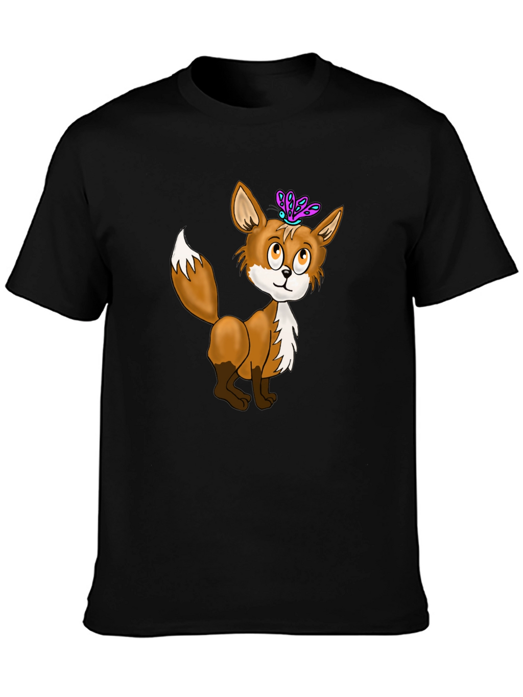 Fox & Butterfly Graphic Tee - Black Cotton T-Shirt