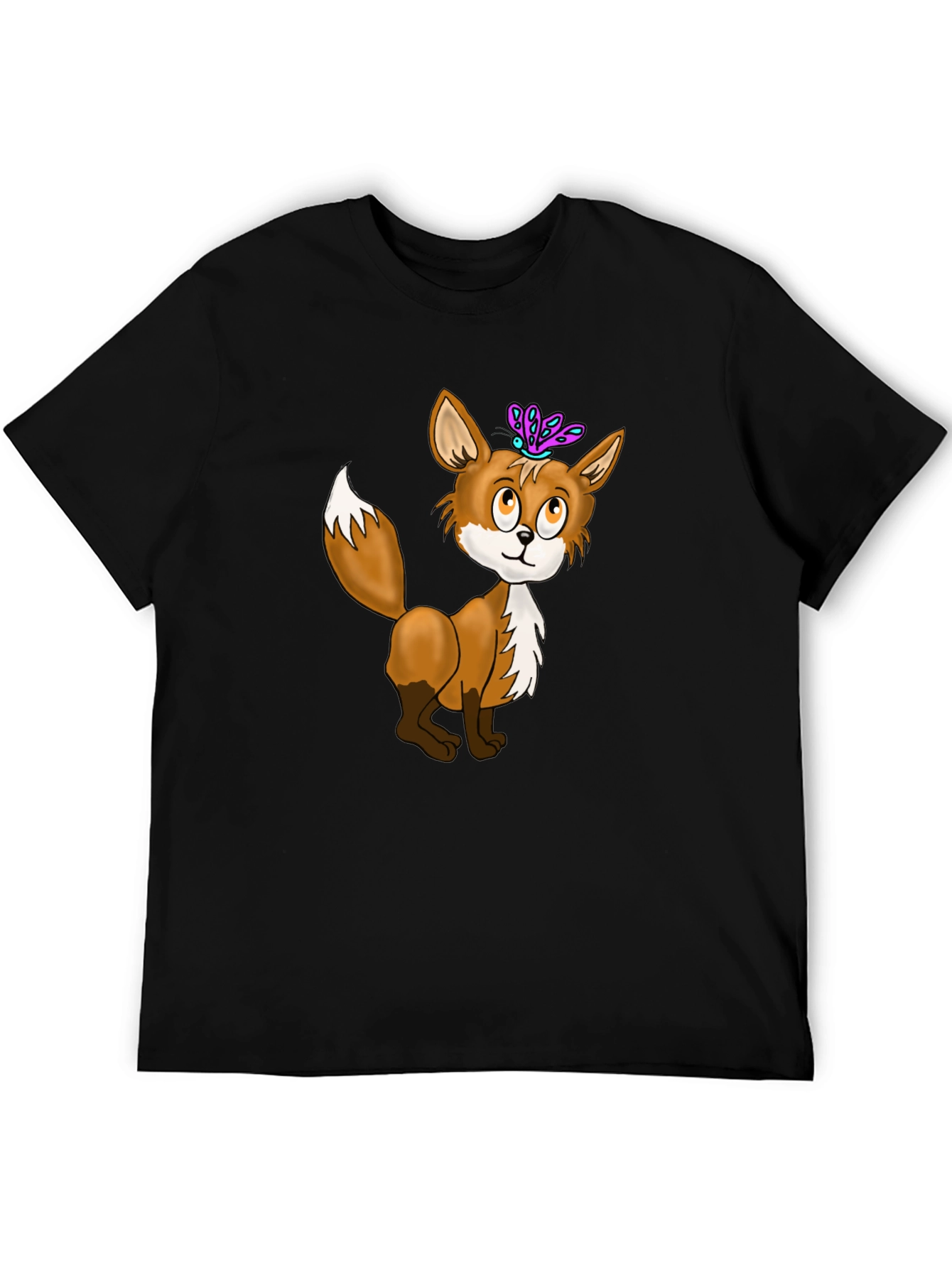 Fox & Butterfly Graphic Tee - Black Cotton T-Shirt