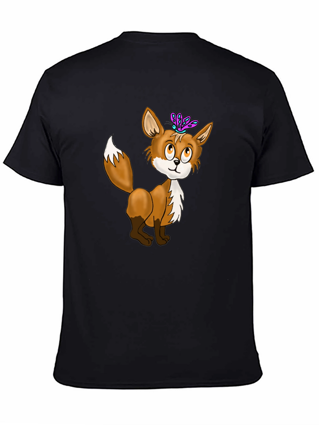 Fox & Butterfly Graphic Tee - Black Cotton T-Shirt