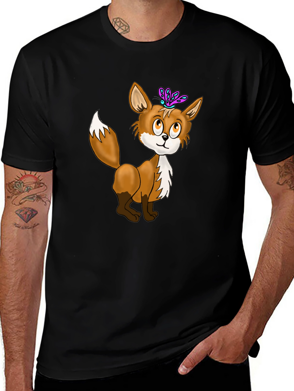 Fox & Butterfly Graphic Tee - Black Cotton T-Shirt