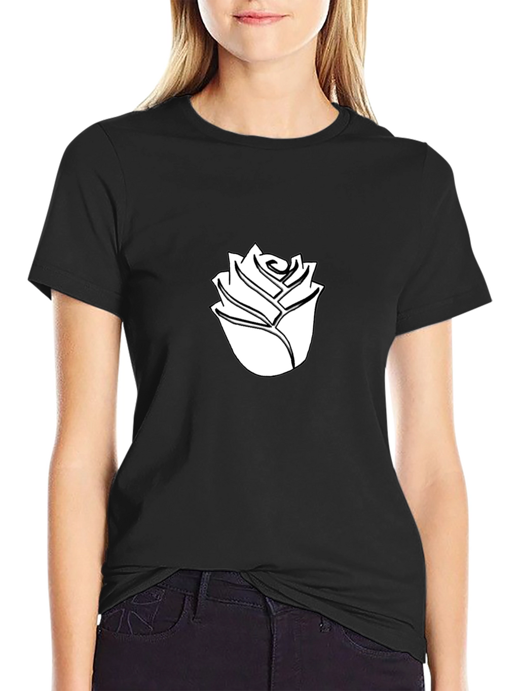 Black T-Shirt with White Rose Graphic