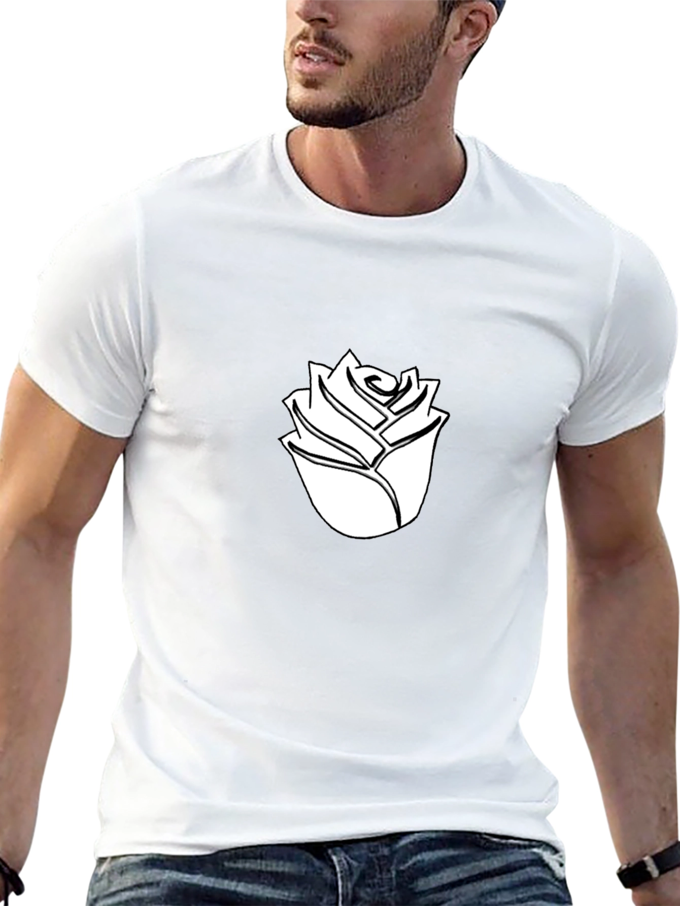 Black T-Shirt with White Rose Graphic