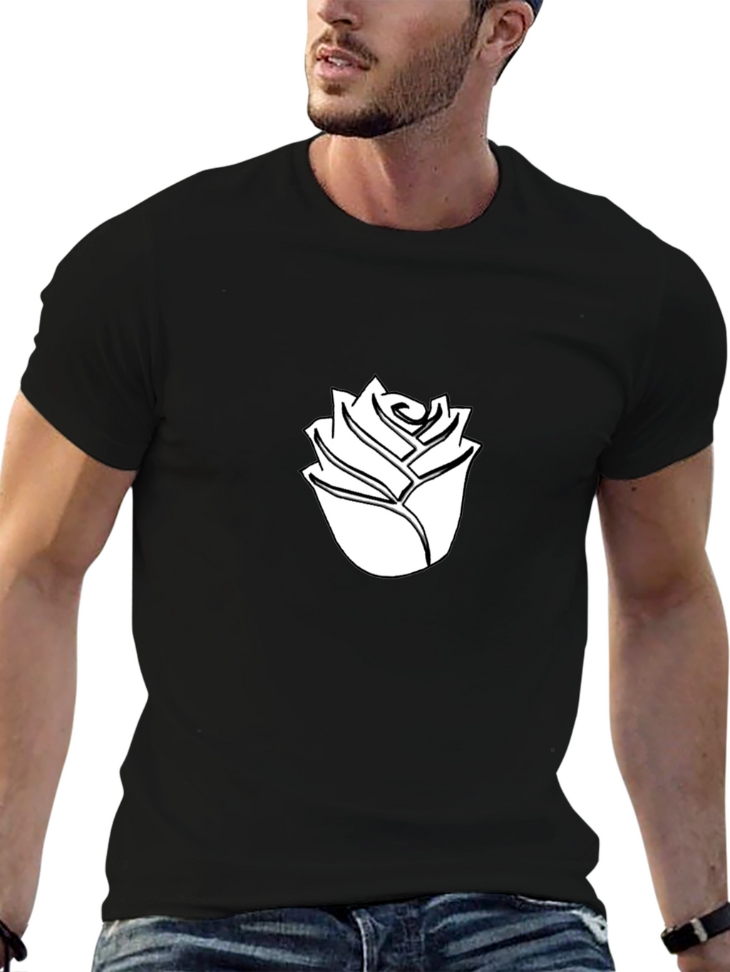 Black T-Shirt with White Rose Graphic