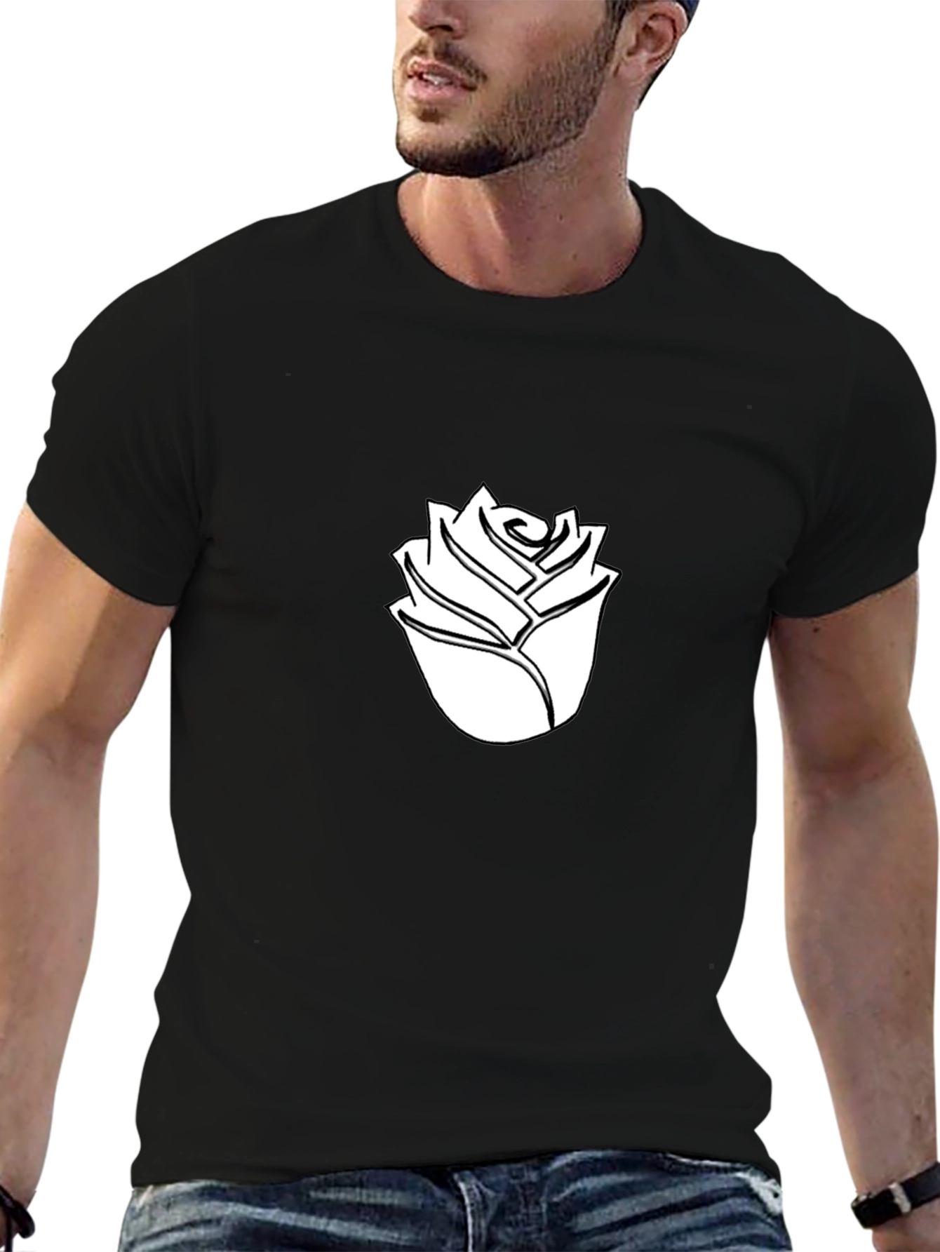 Black T-Shirt with White Rose Graphic