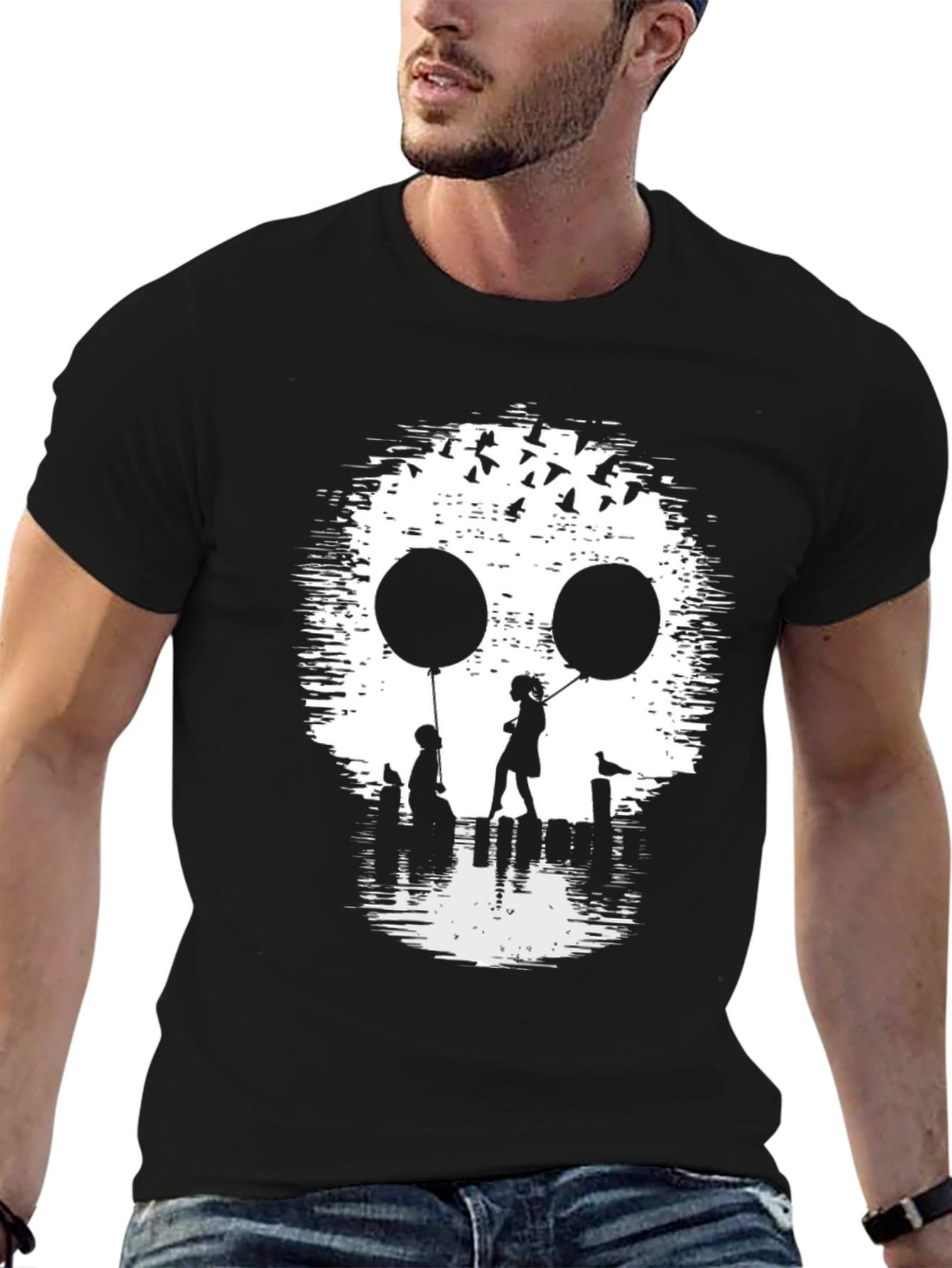 Skull Silhouette Balloon Graphic Tee - Black