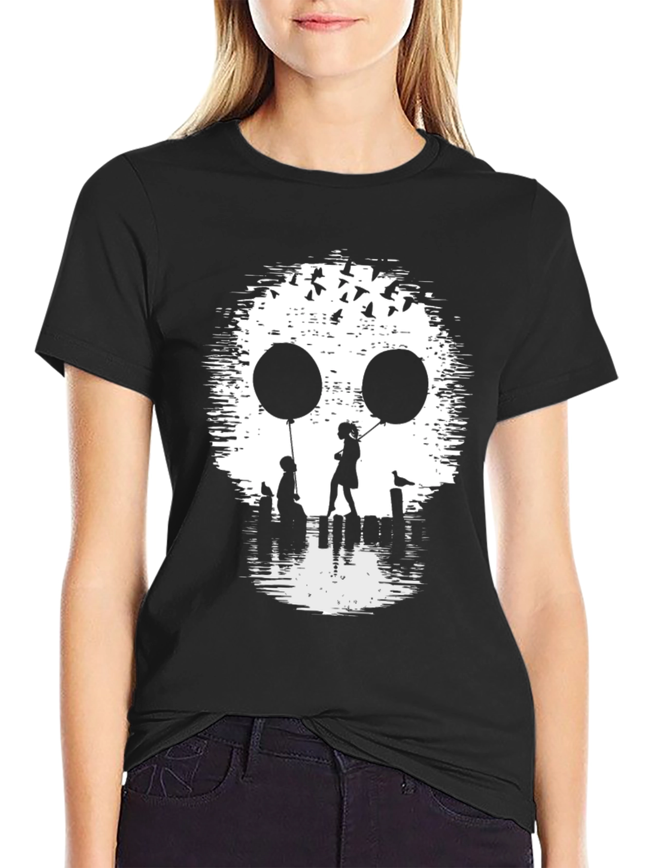 Skull Silhouette Balloon Graphic Tee - Black