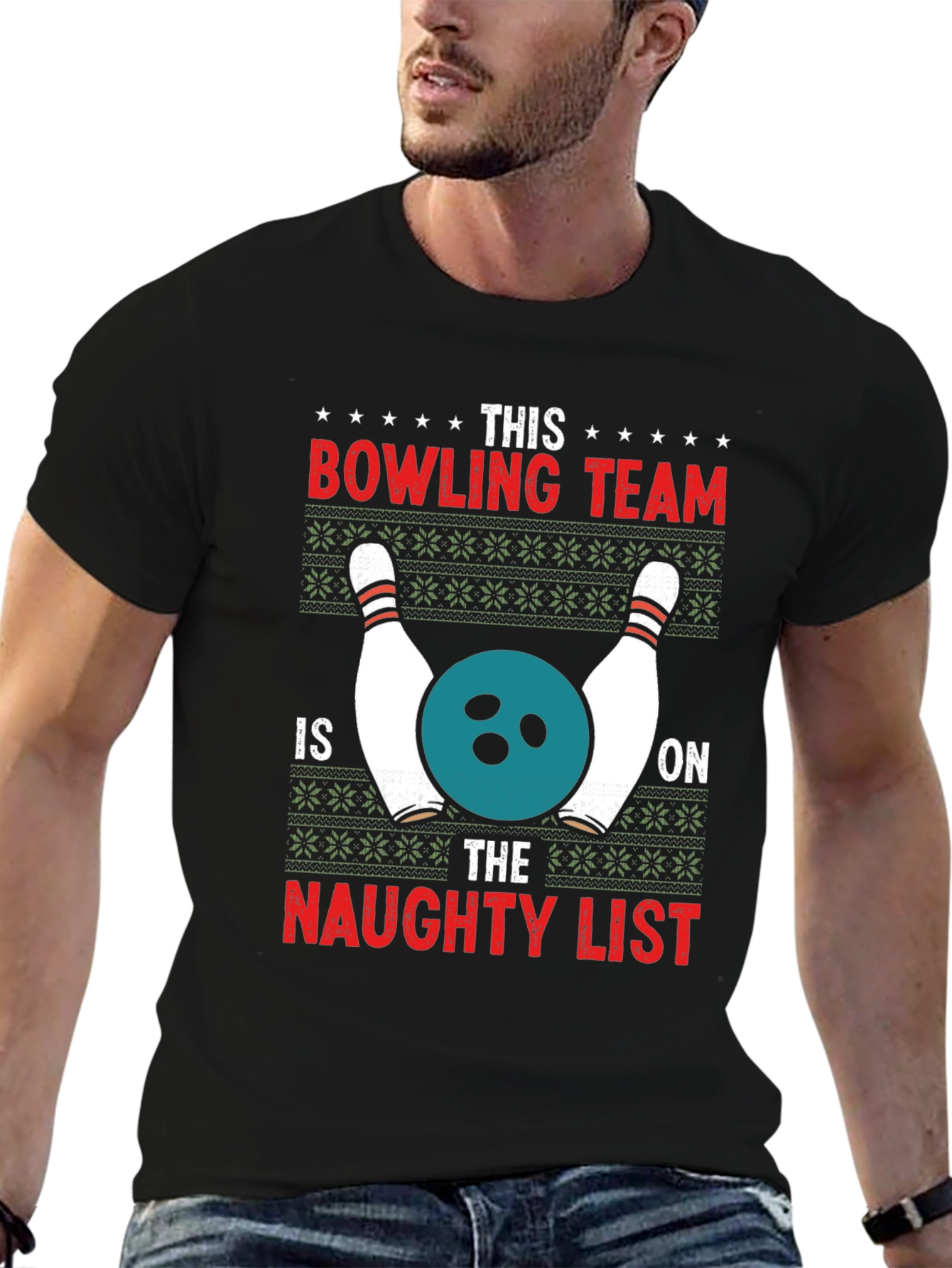 Funny Bowling Team Naughty List Ugly Christmas T-Shirt