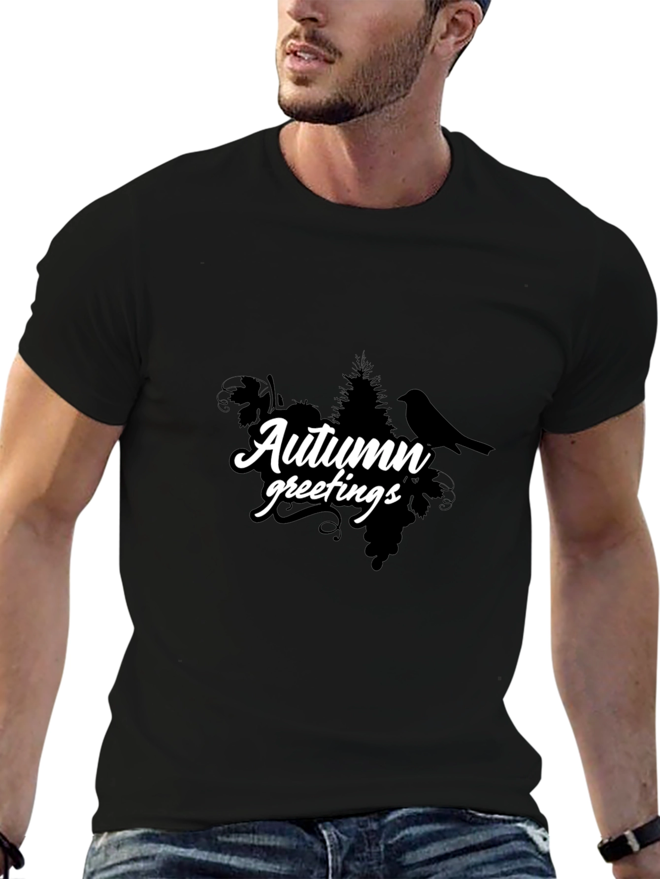 Autumn Greetings Black T-Shirt - Nature Inspired Design