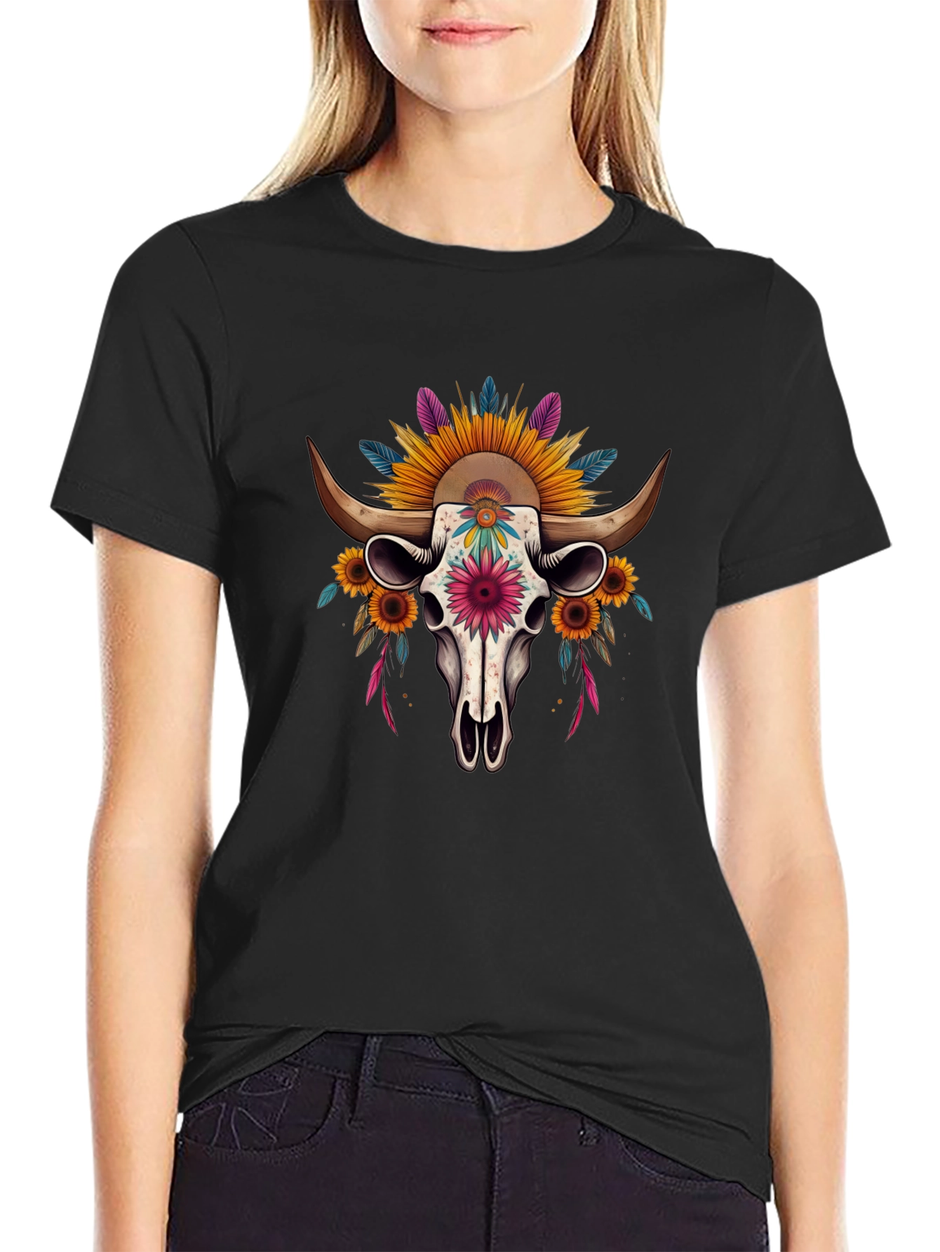 Floral Skull Graphic Tee - Western Style