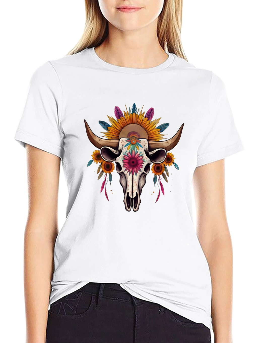 Floral Skull Graphic Tee - Western Style