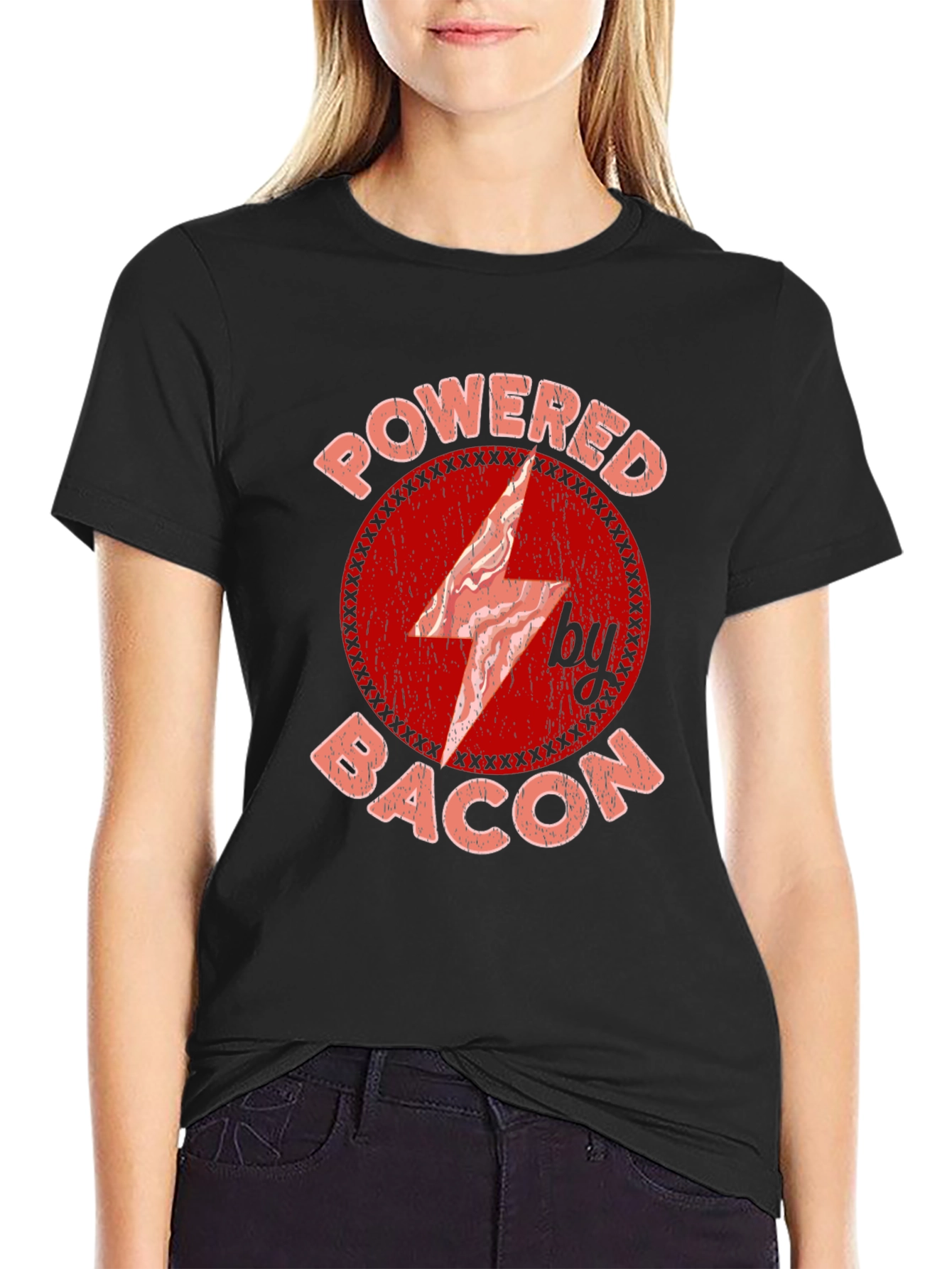 Powered By Bacon T-Shirt Red Graphic Design