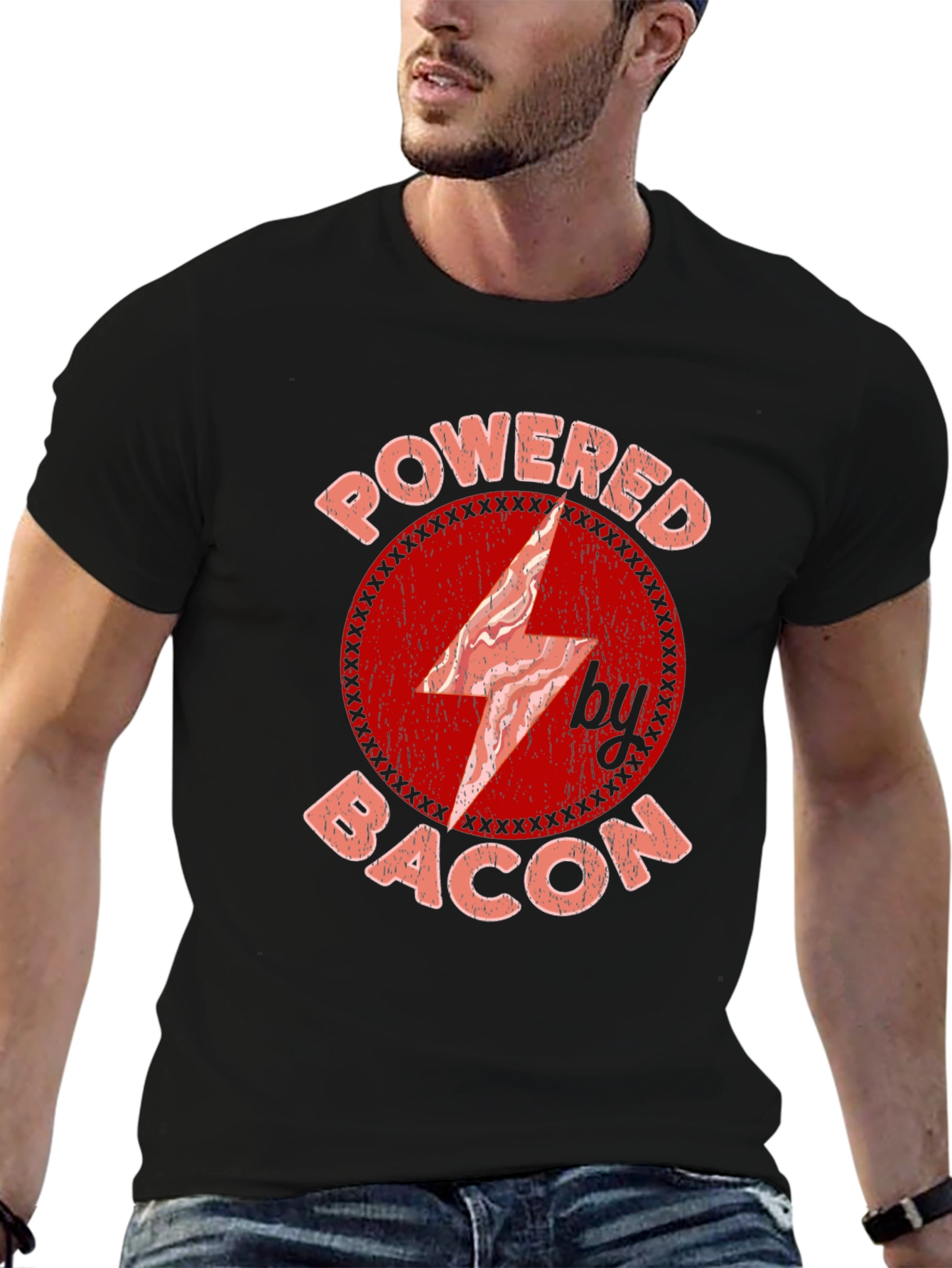 Powered By Bacon T-Shirt Red Graphic Design