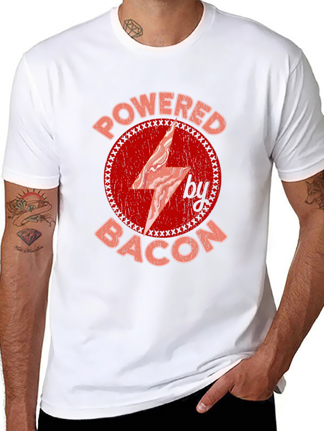 Powered By Bacon T-Shirt Red Graphic Design