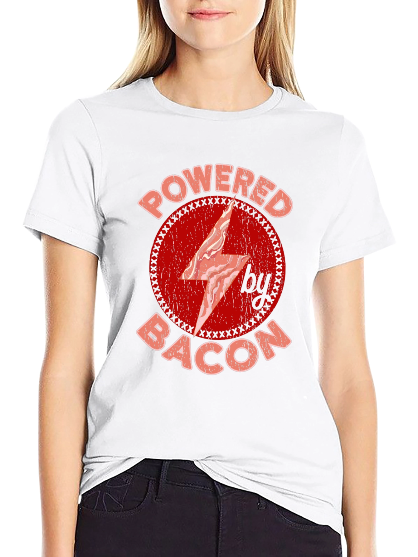 Powered By Bacon T-Shirt Red Graphic Design