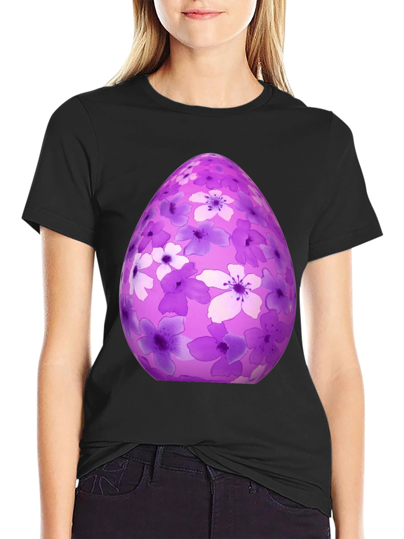 Floral Easter Egg Graphic Tee - Black Cotton Shirt