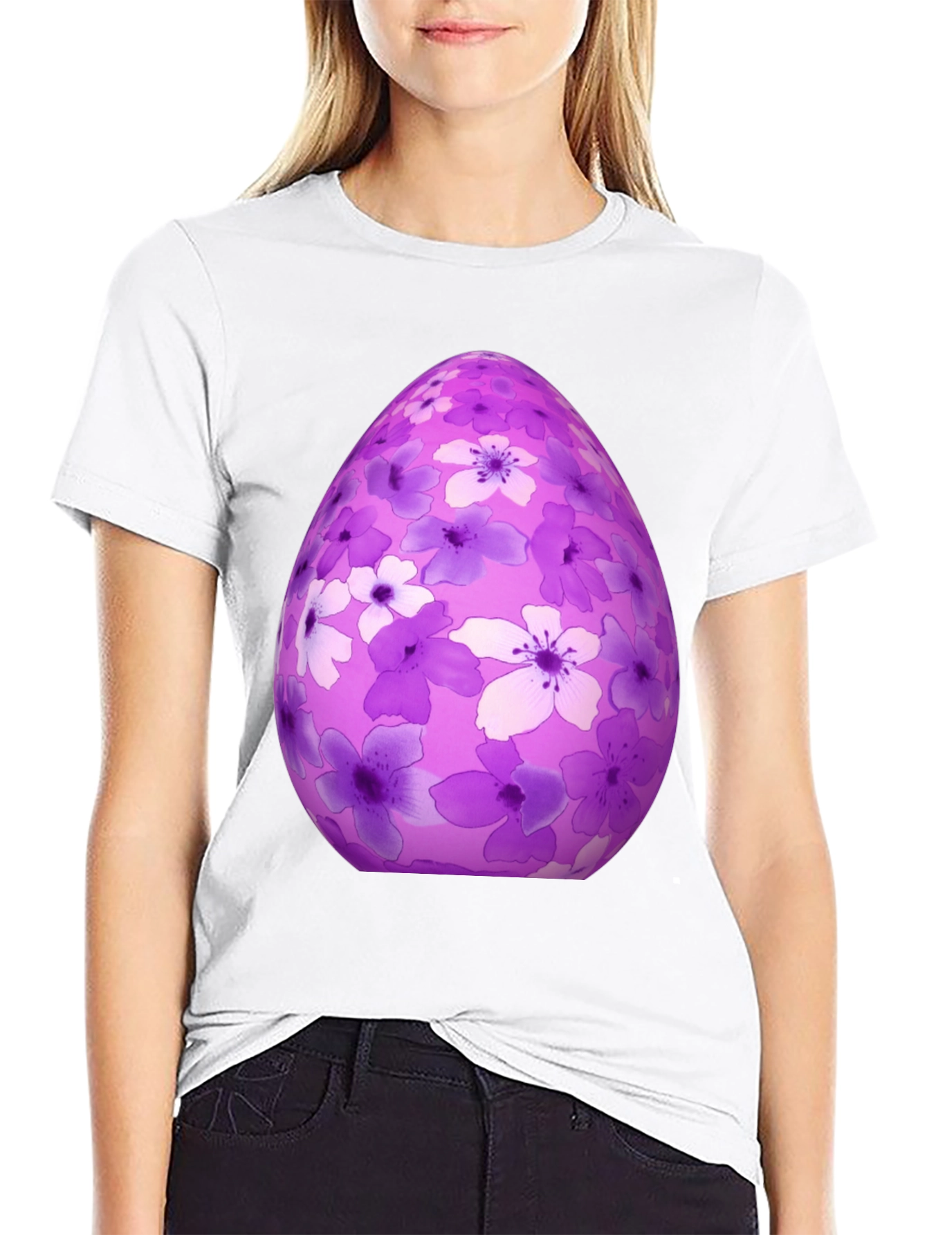 Floral Easter Egg Graphic Tee - Black Cotton Shirt