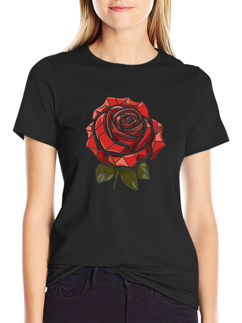 Red Rose Graphic Print Mens Black T-Shirt