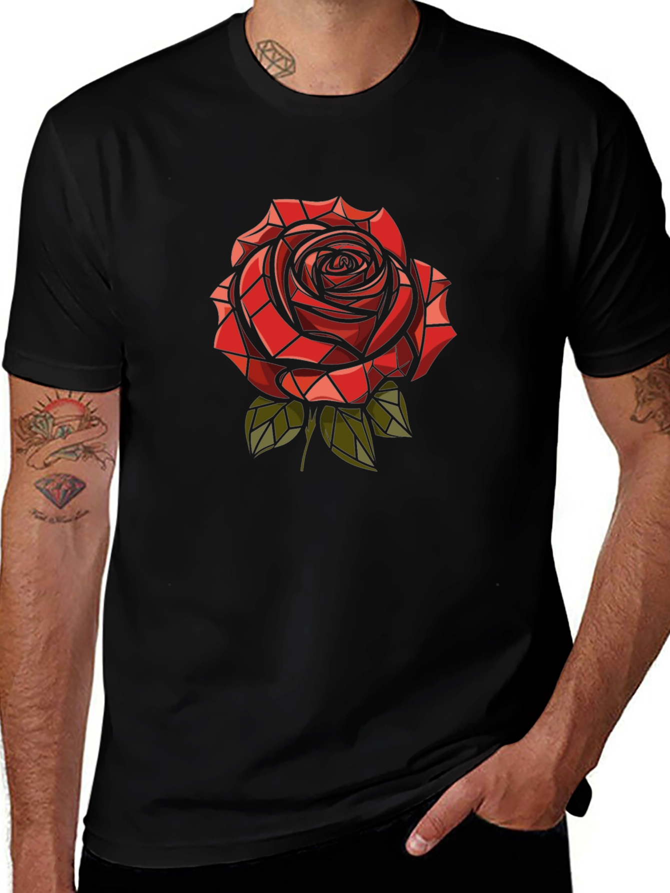 Red Rose Graphic Print Mens Black T-Shirt