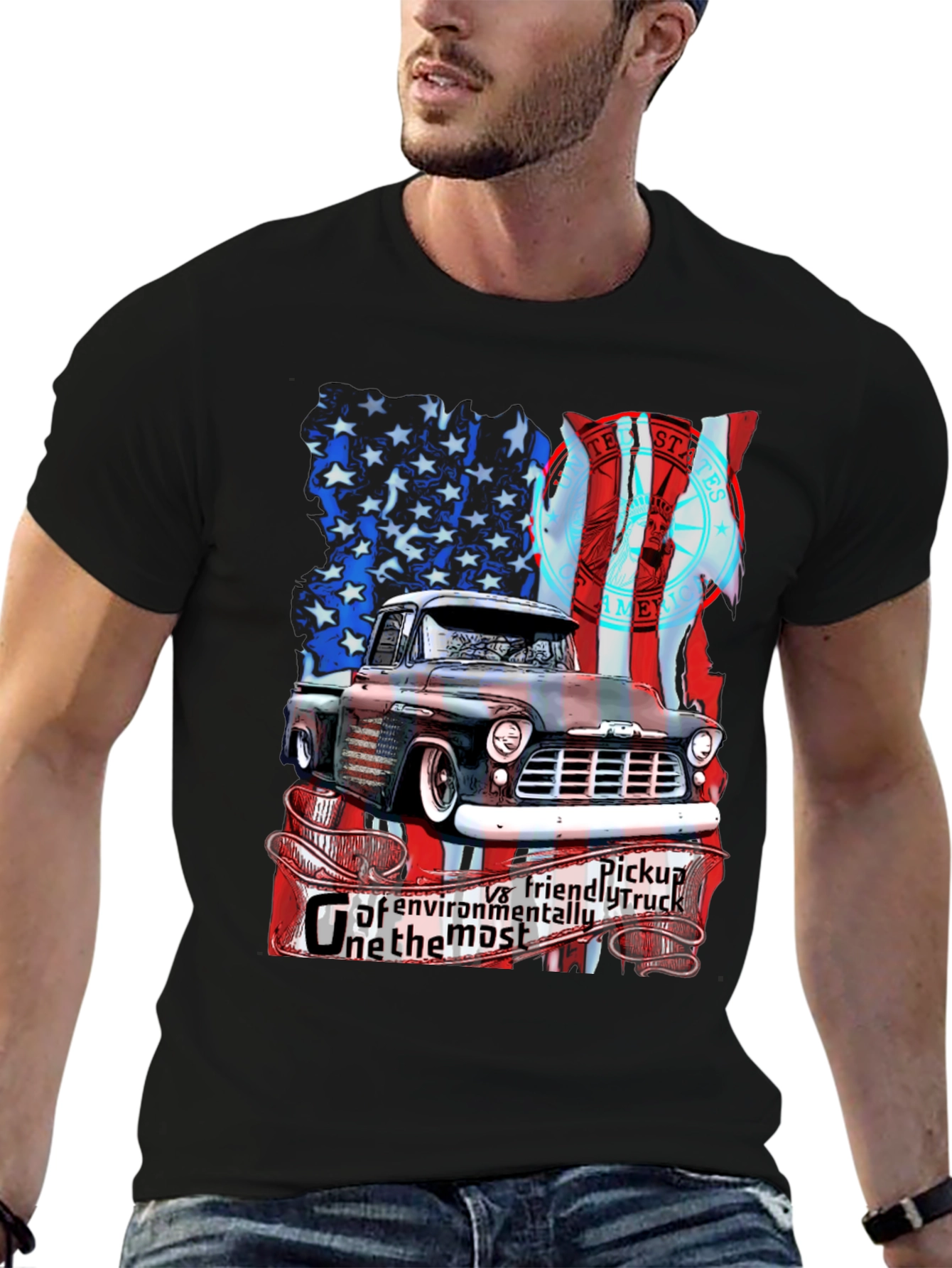 Vintage Truck American Flag Graphic T-Shirt