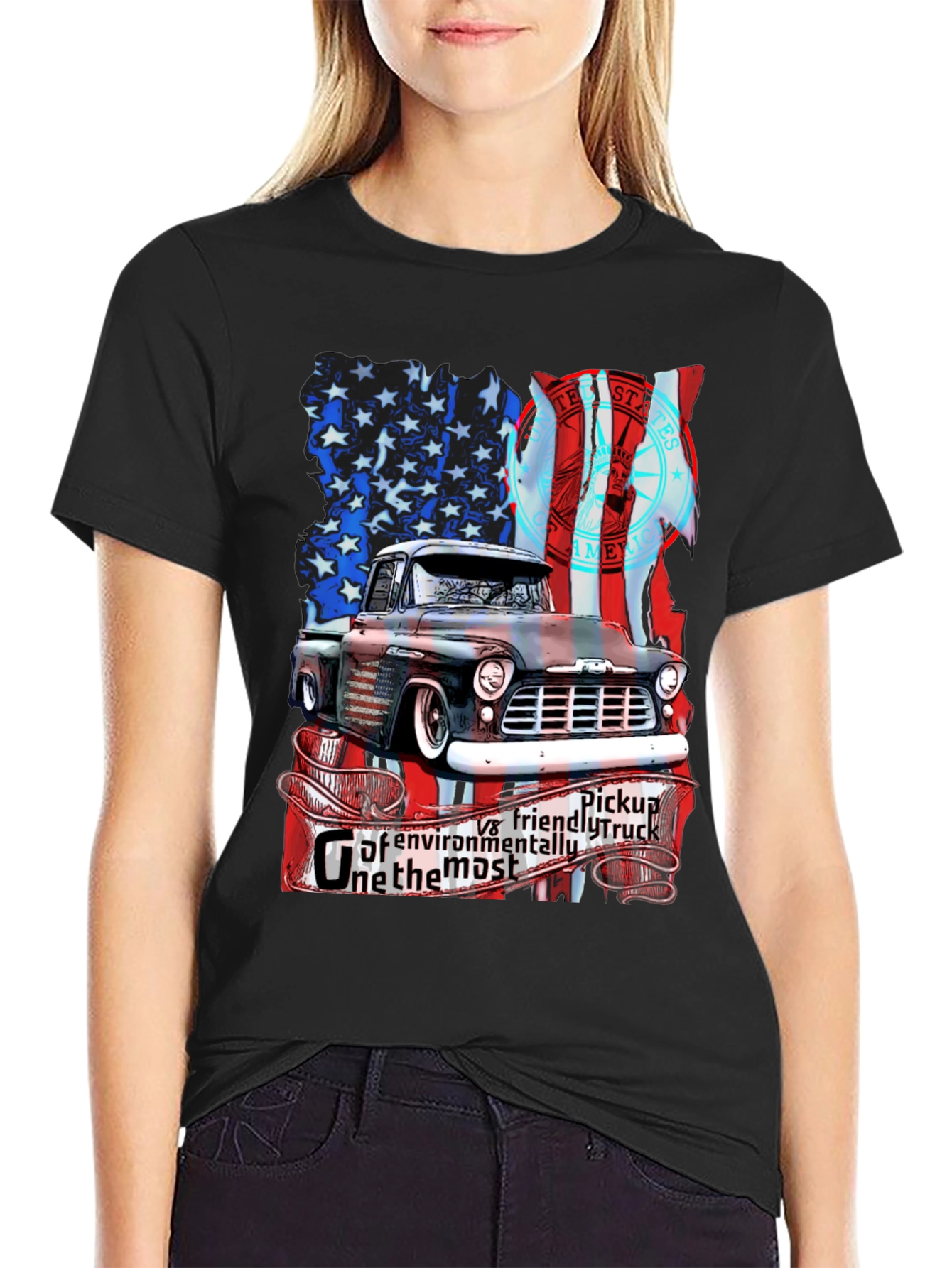 Vintage Truck American Flag Graphic T-Shirt