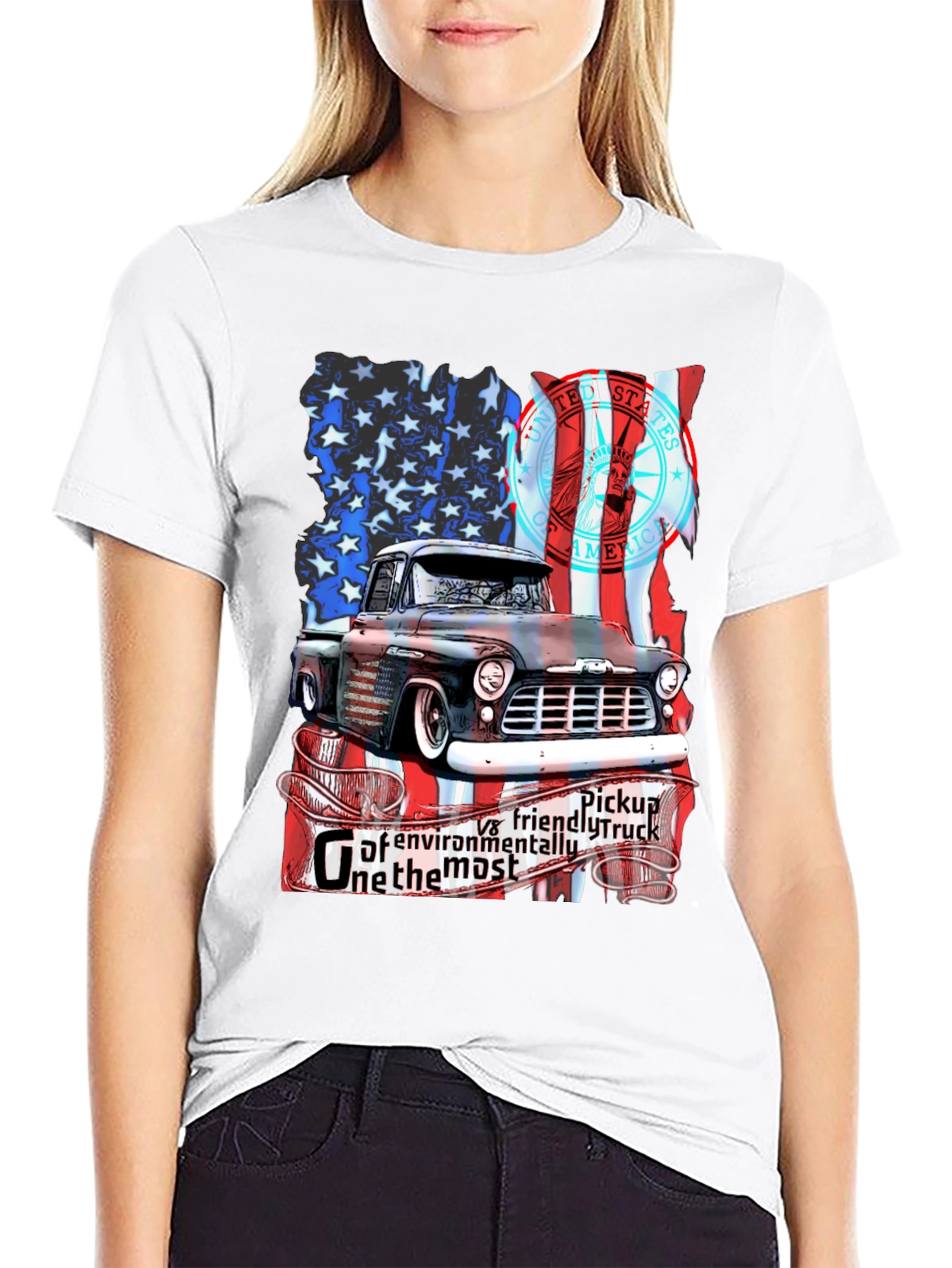 Vintage Truck American Flag Graphic T-Shirt