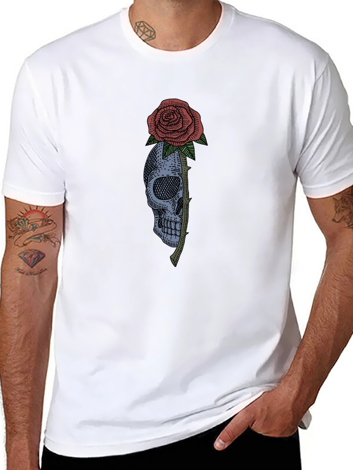 Skull & Rose Graphic Tee - Black Cotton T-Shirt