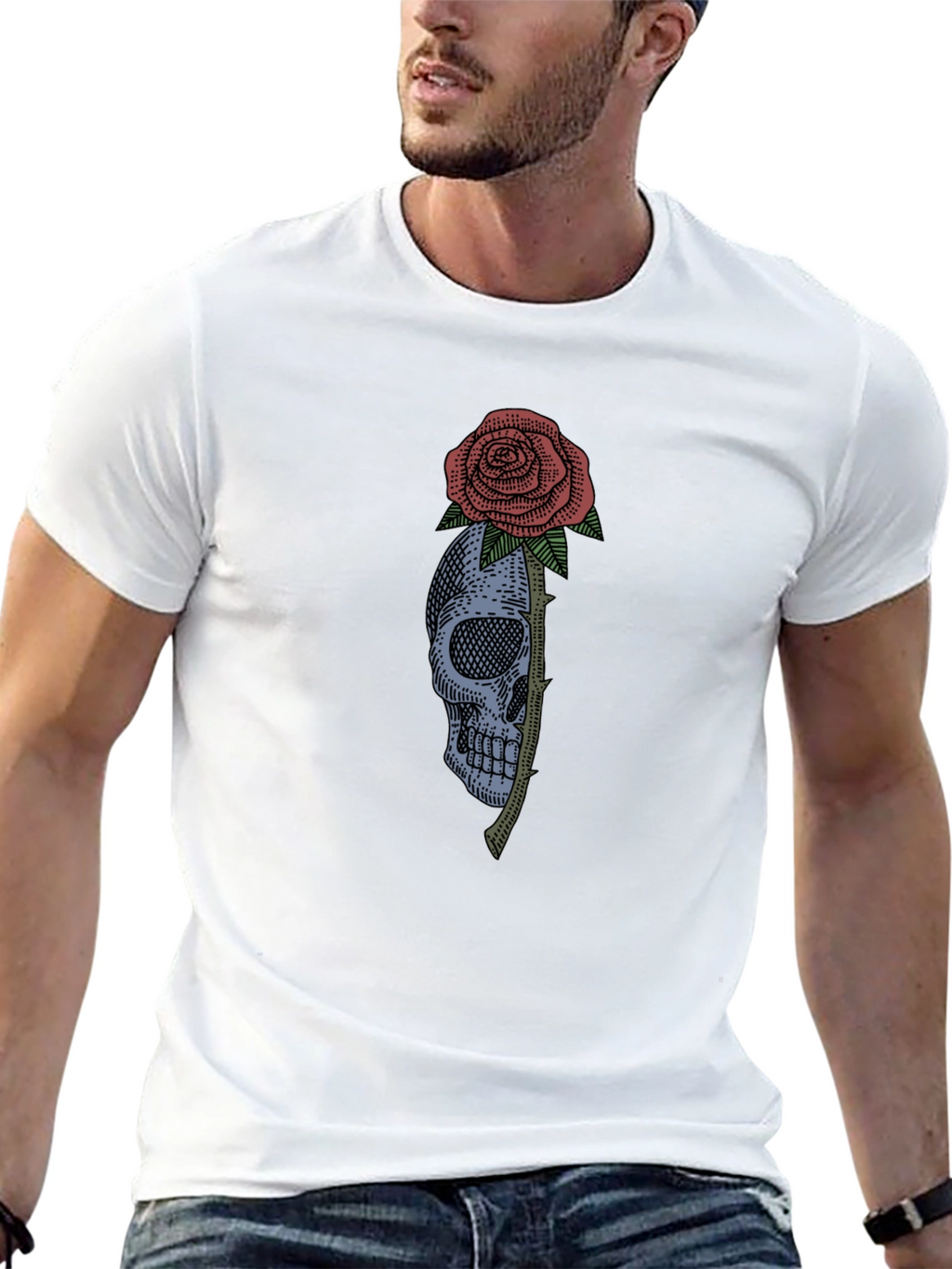 Skull & Rose Graphic Tee - Black Cotton T-Shirt