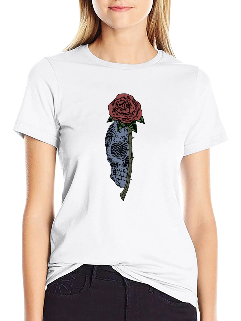Skull & Rose Graphic Tee - Black Cotton T-Shirt