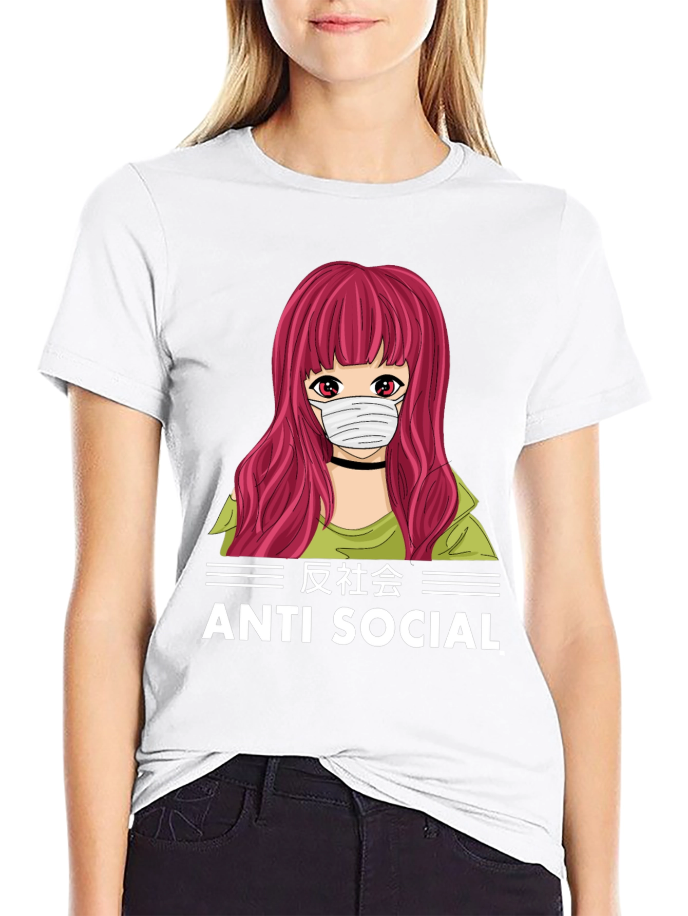 Anti Social Anime Girl T-Shirt Black Cotton