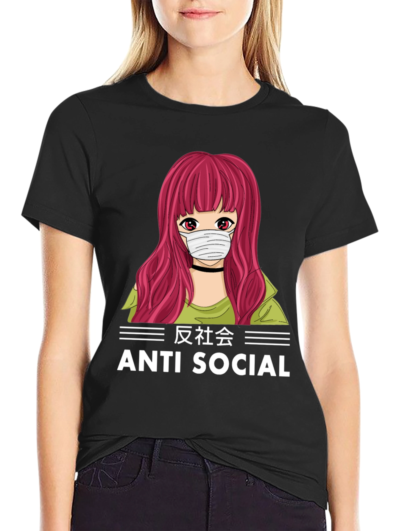 Anti Social Anime Girl T-Shirt Black Cotton