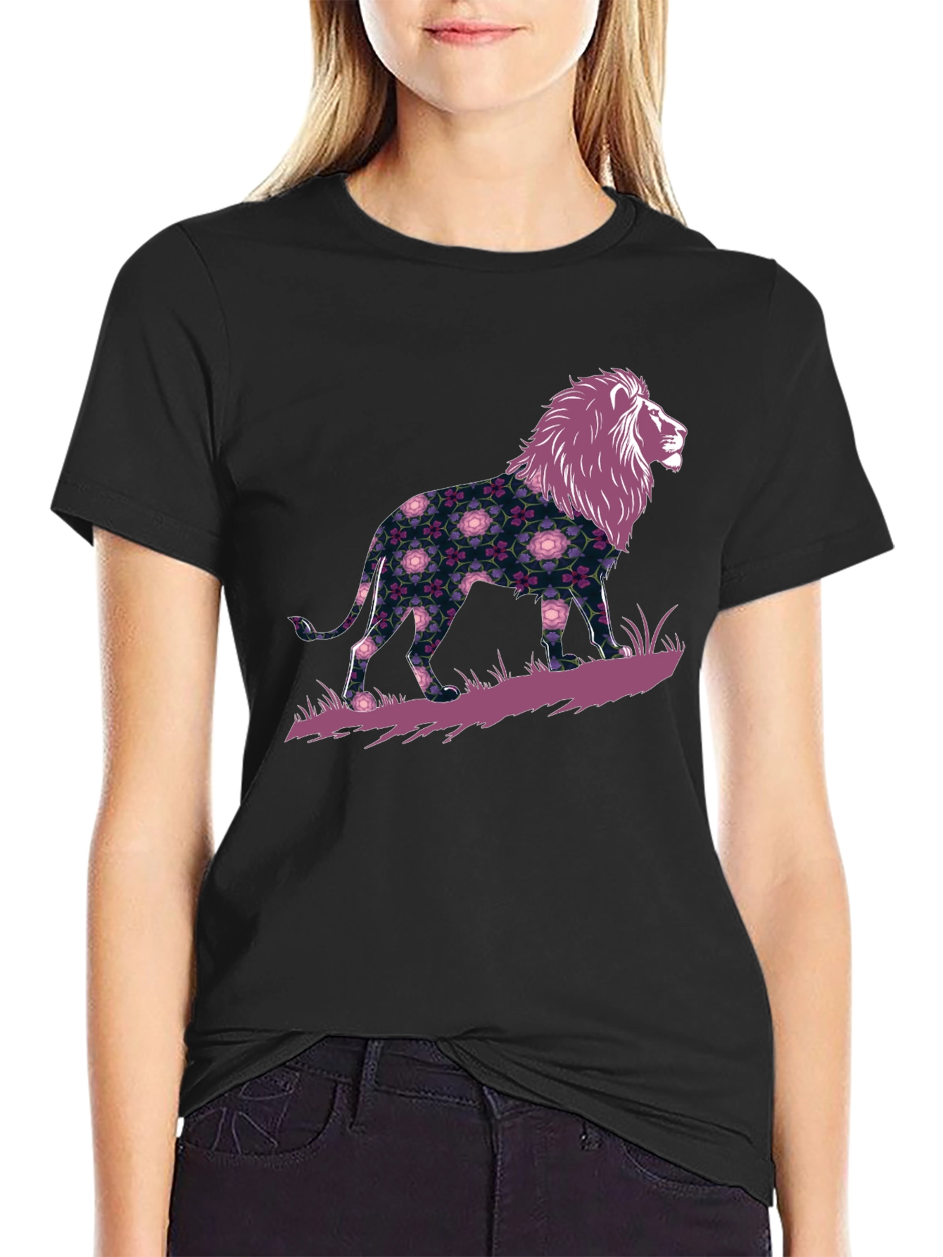 Floral Lion Graphic Black T-Shirt