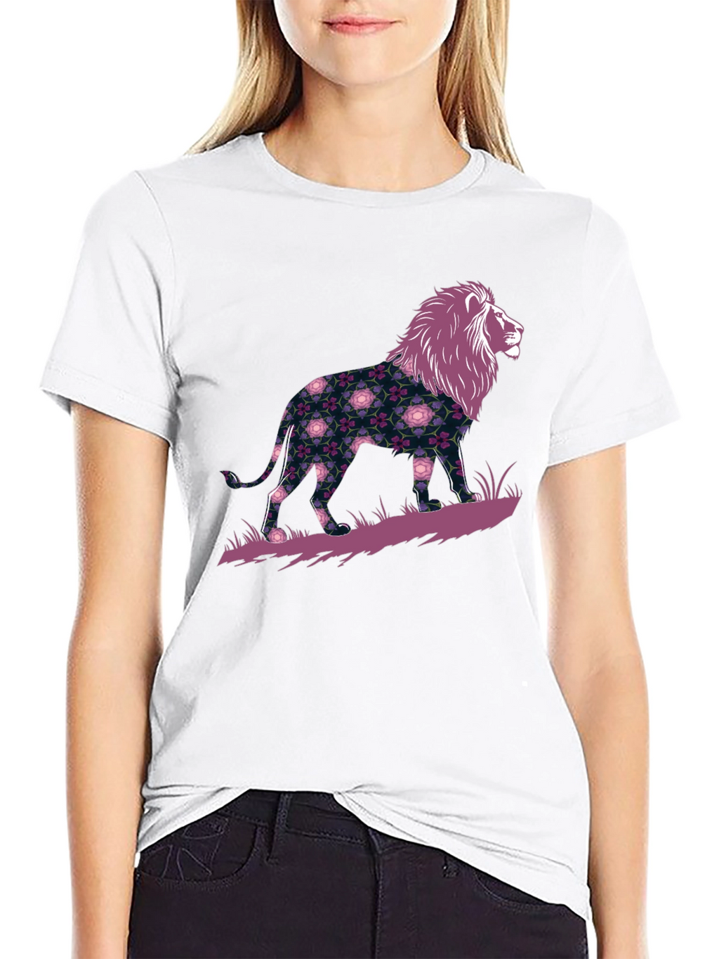 Floral Lion Graphic Black T-Shirt