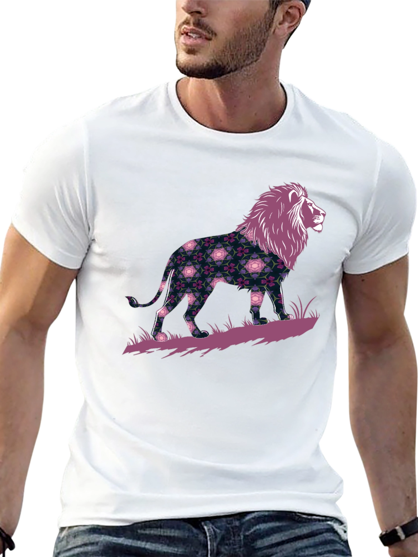 Floral Lion Graphic Black T-Shirt