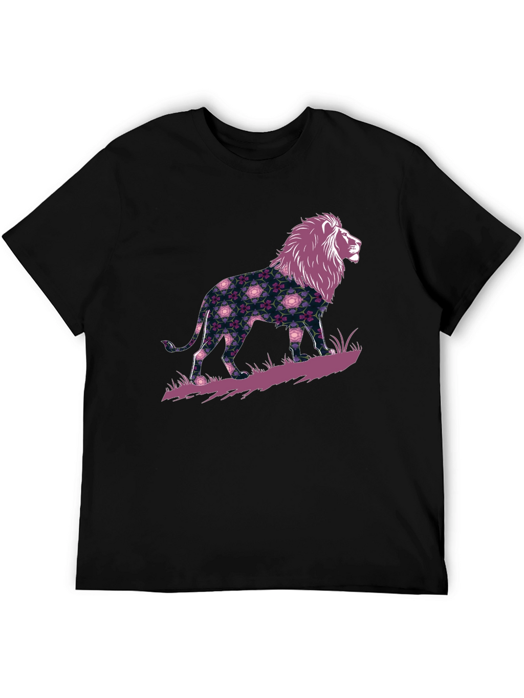 Floral Lion Graphic Black T-Shirt