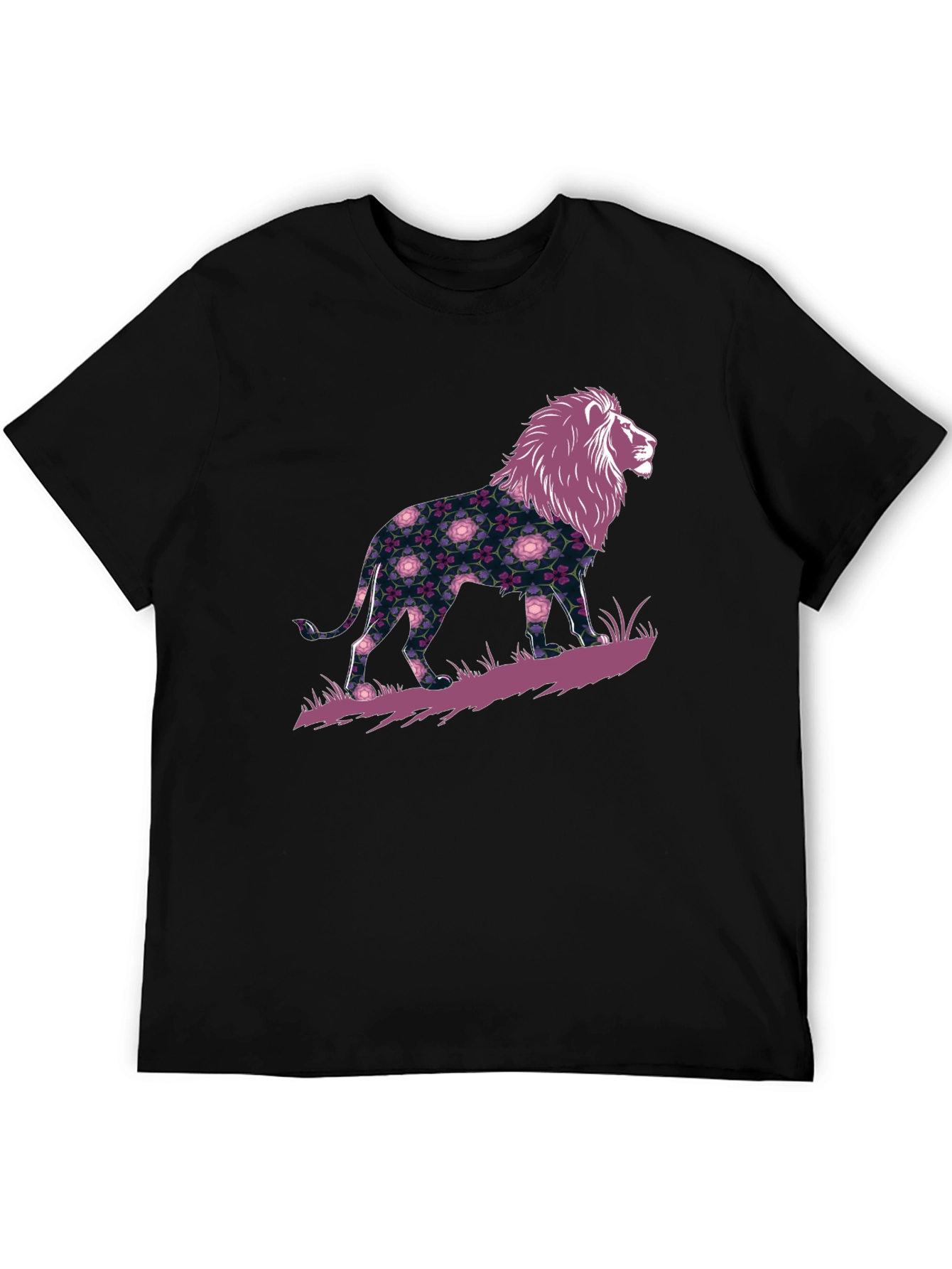 Floral Lion Graphic Black T-Shirt