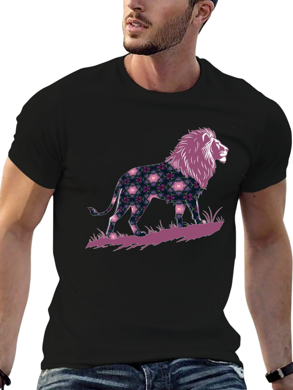 Floral Lion Graphic Black T-Shirt