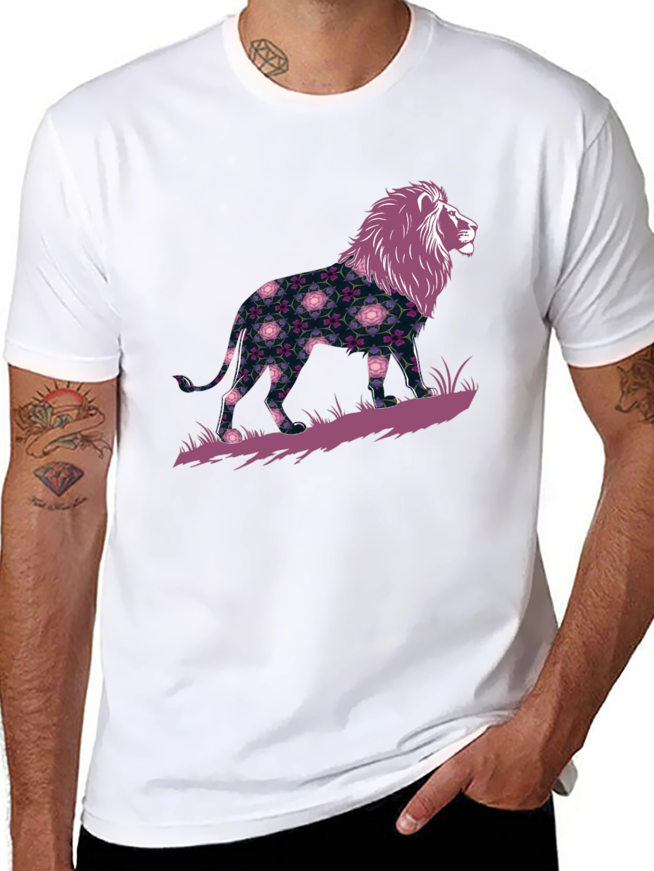 Floral Lion Graphic Black T-Shirt