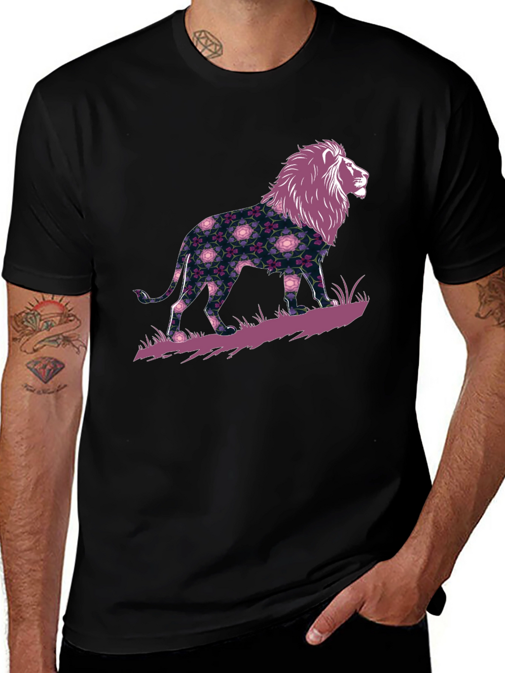 Floral Lion Graphic Black T-Shirt