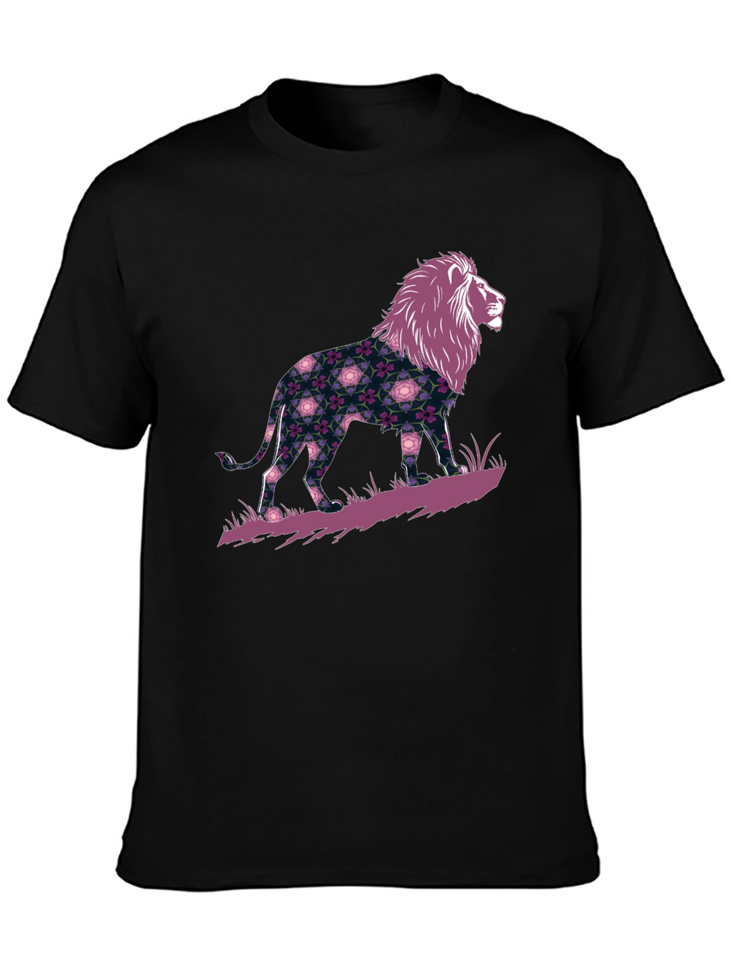 Floral Lion Graphic Black T-Shirt