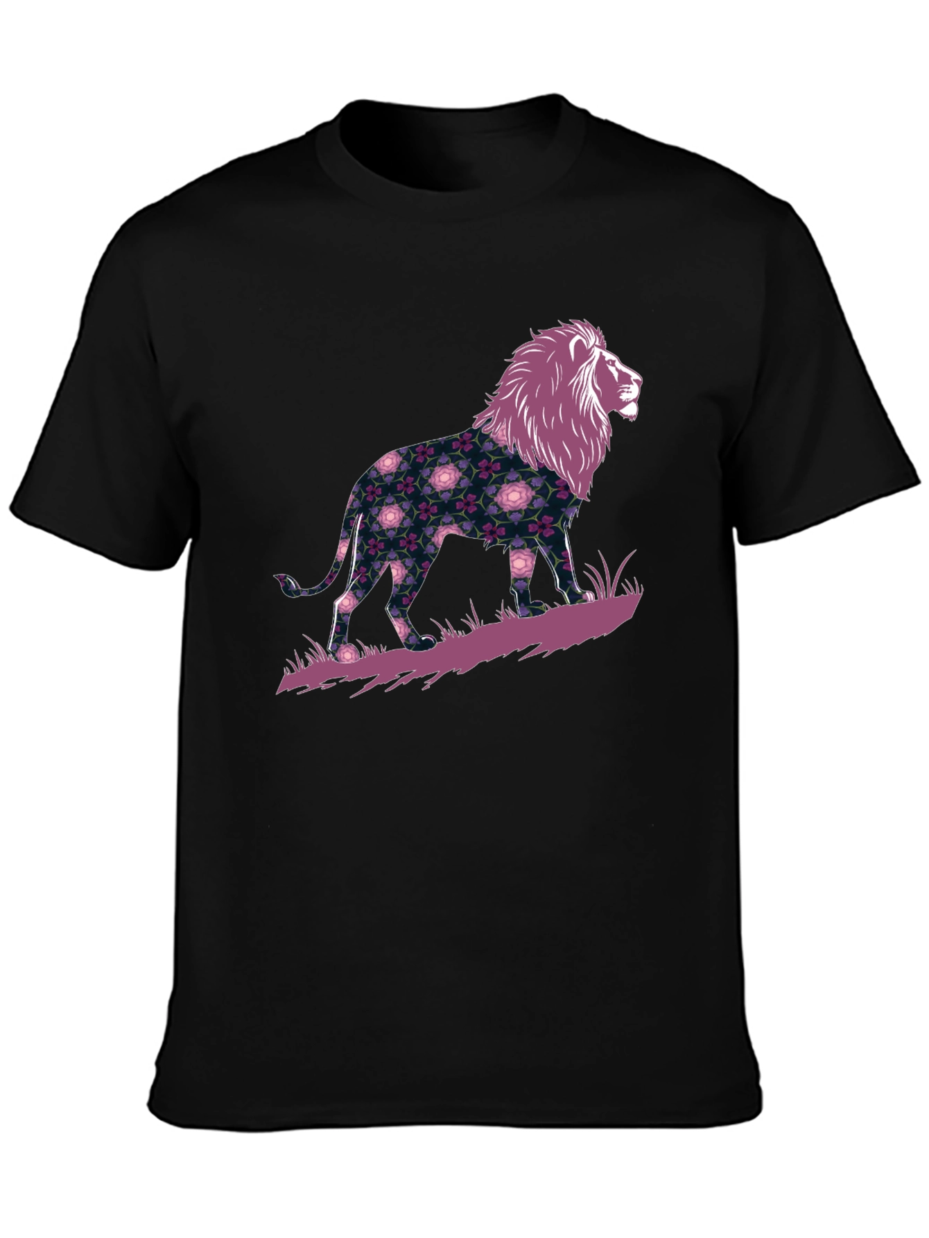 Floral Lion Graphic Black T-Shirt