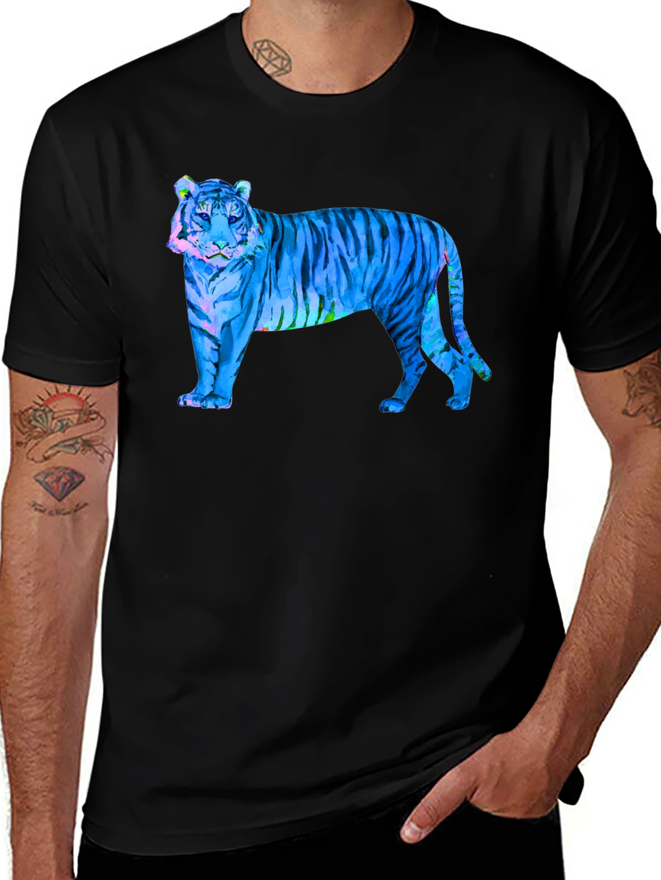 Blue Tiger Graphic Black T-Shirt - Wild Style