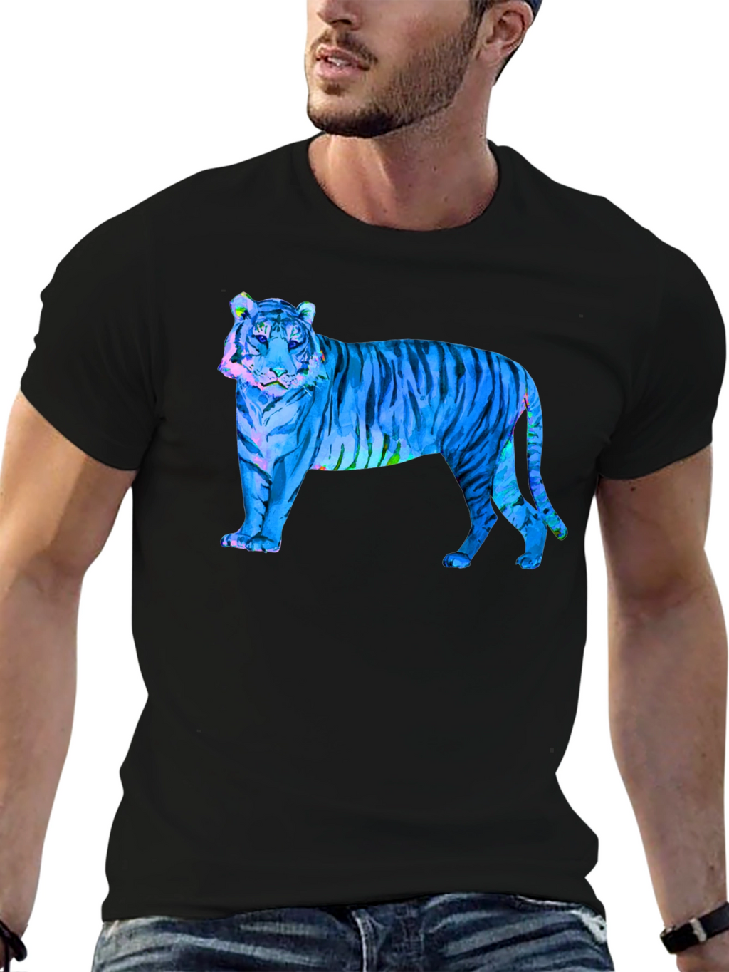 Blue Tiger Graphic Black T-Shirt - Wild Style