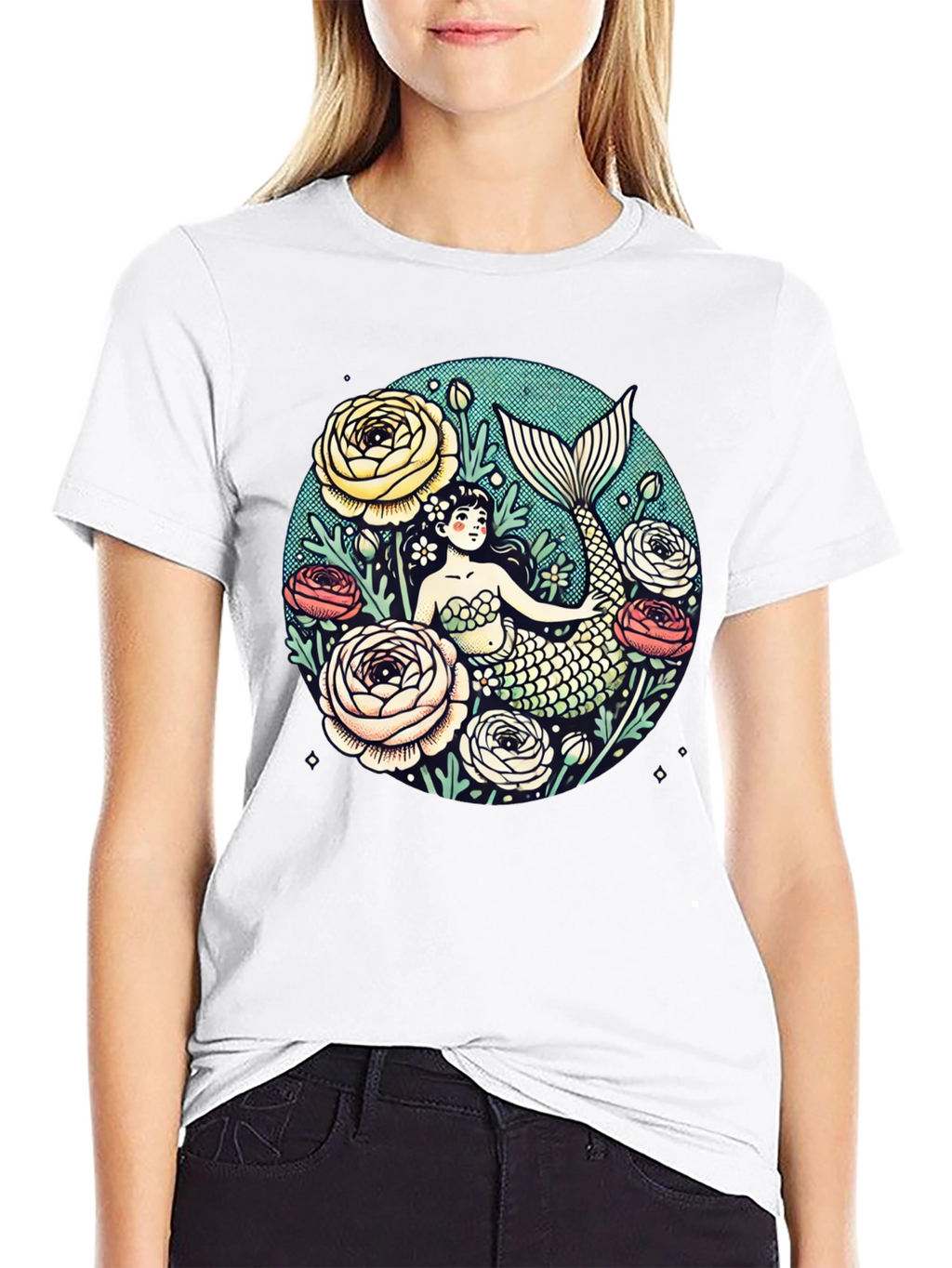Mermaid Floral Graphic Tee - Soft Cotton Blend