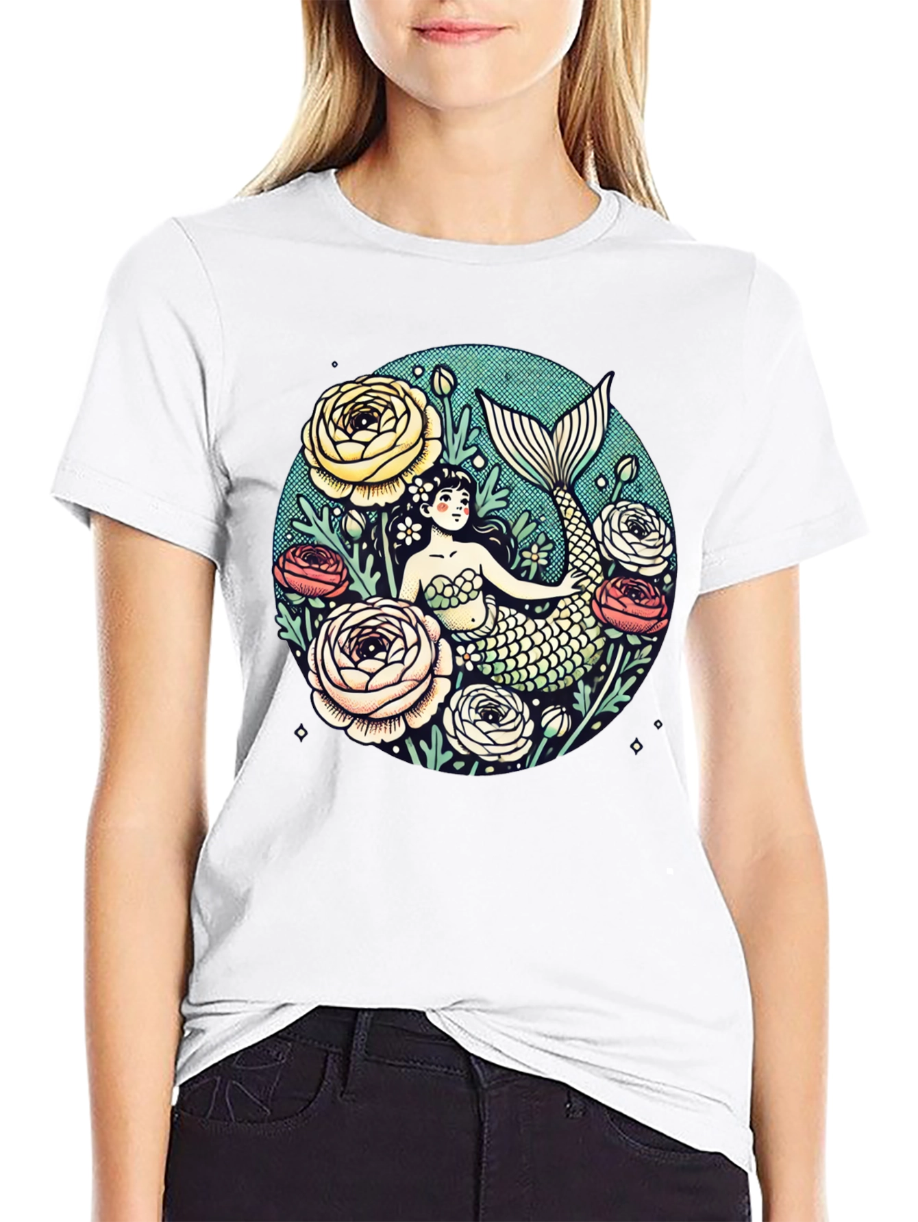 Mermaid Floral Graphic Tee - Soft Cotton Blend